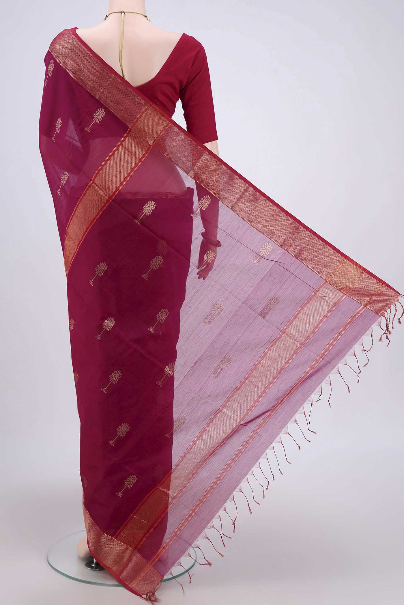 Magenta Maheshwari Silk Cotton Saree - Image 3
