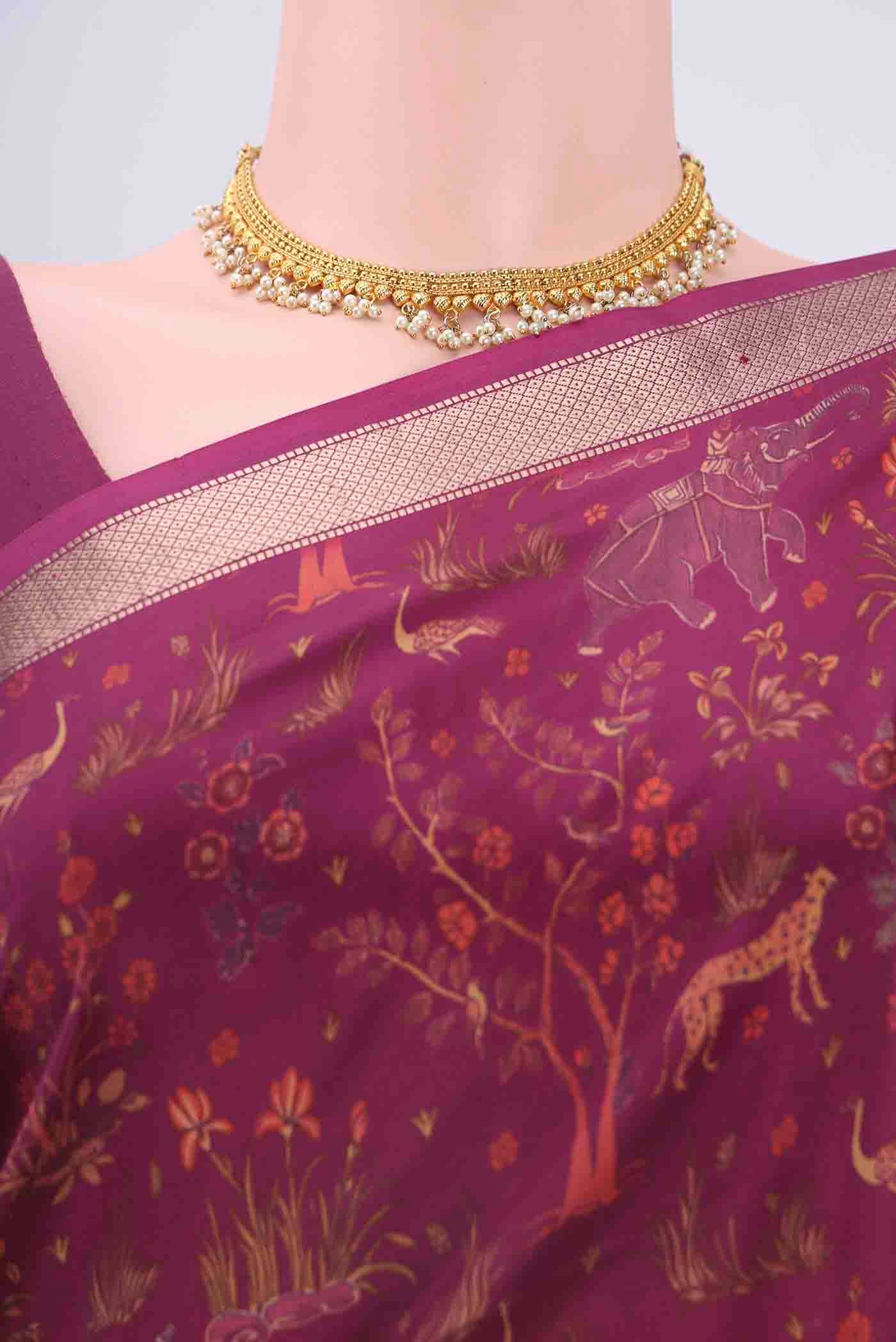 Magenta Printed Silk Saree - Image 2