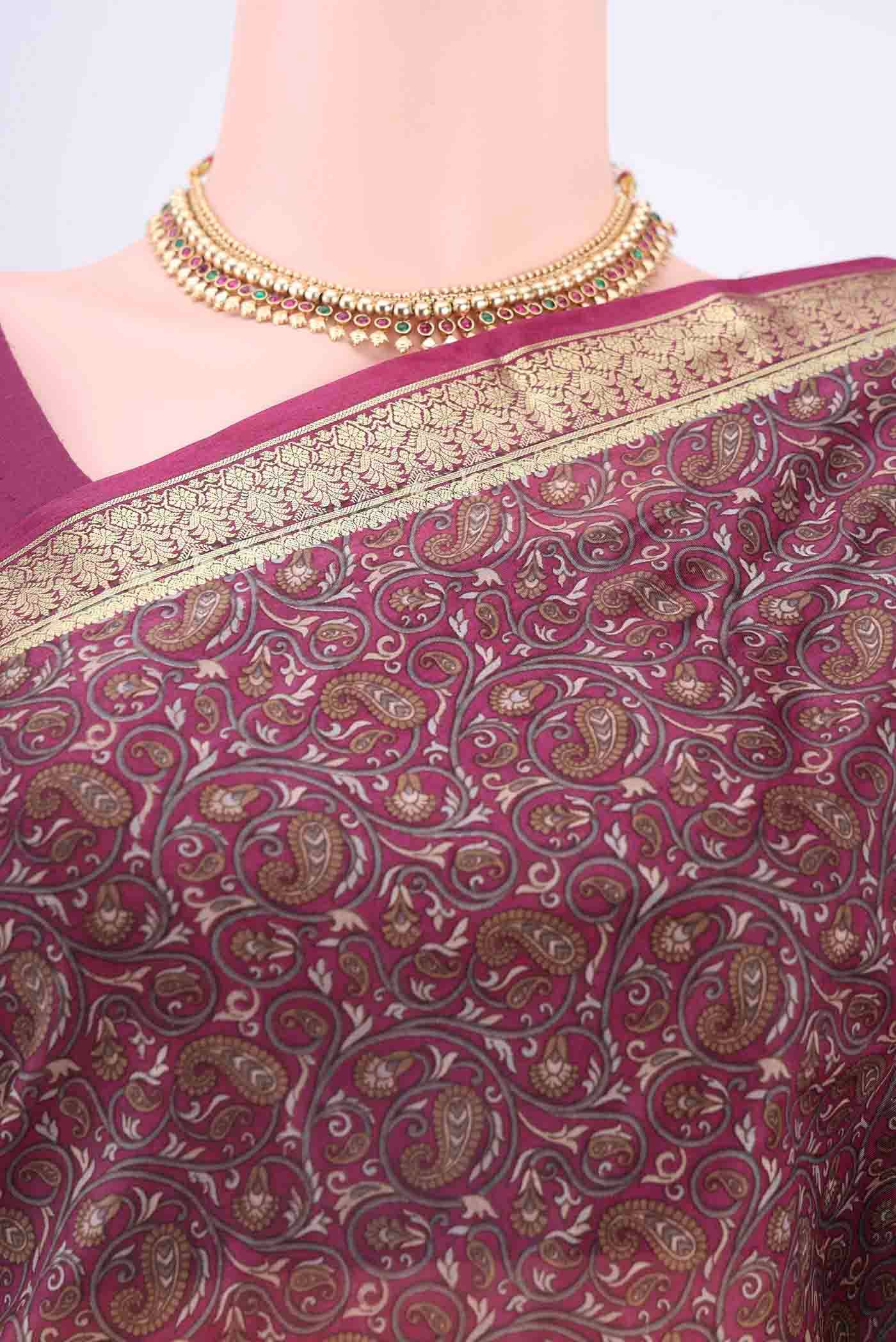 Magenta Printed Silk Saree - Image 2