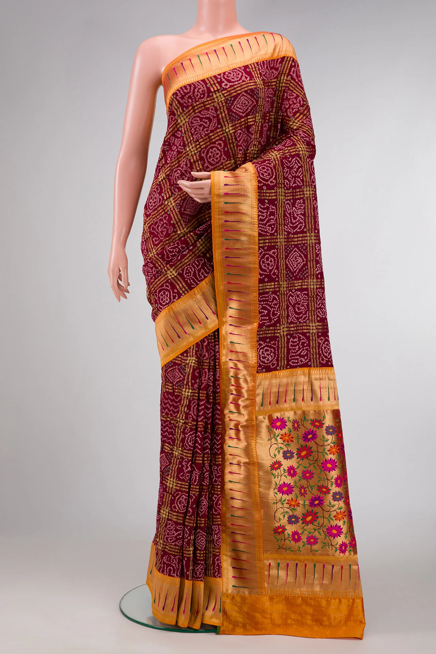 Maroon Bandhani Silk Saree