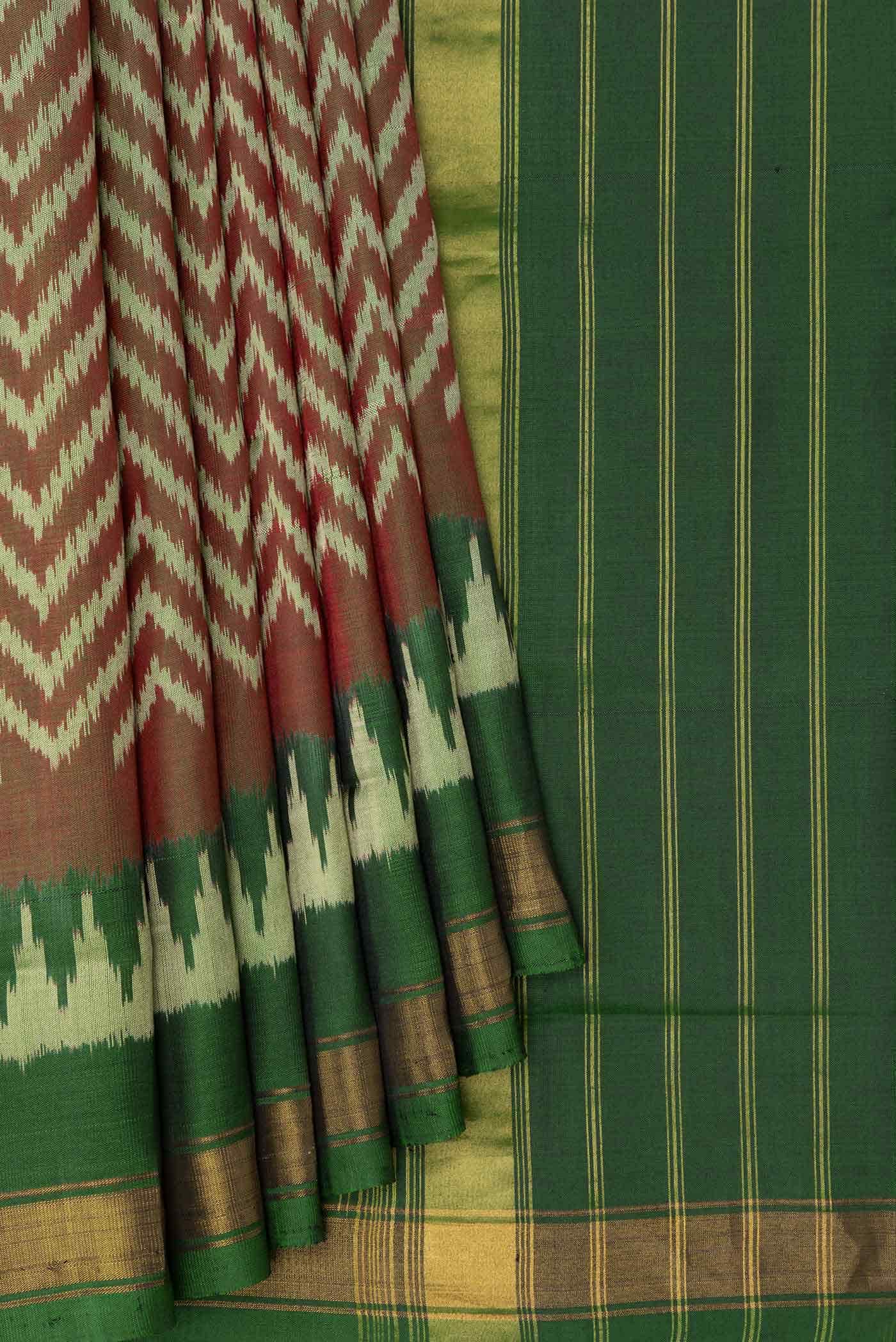 Brown with Green Color Rajkot Patola Silk Saree - Image 2