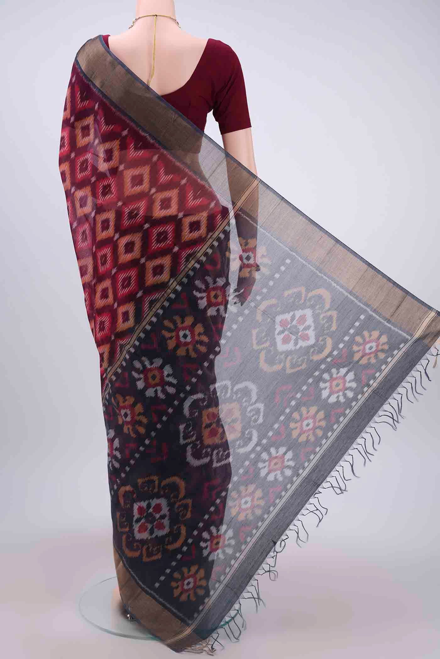 Maroon Kora Cotton Saree - Image 3