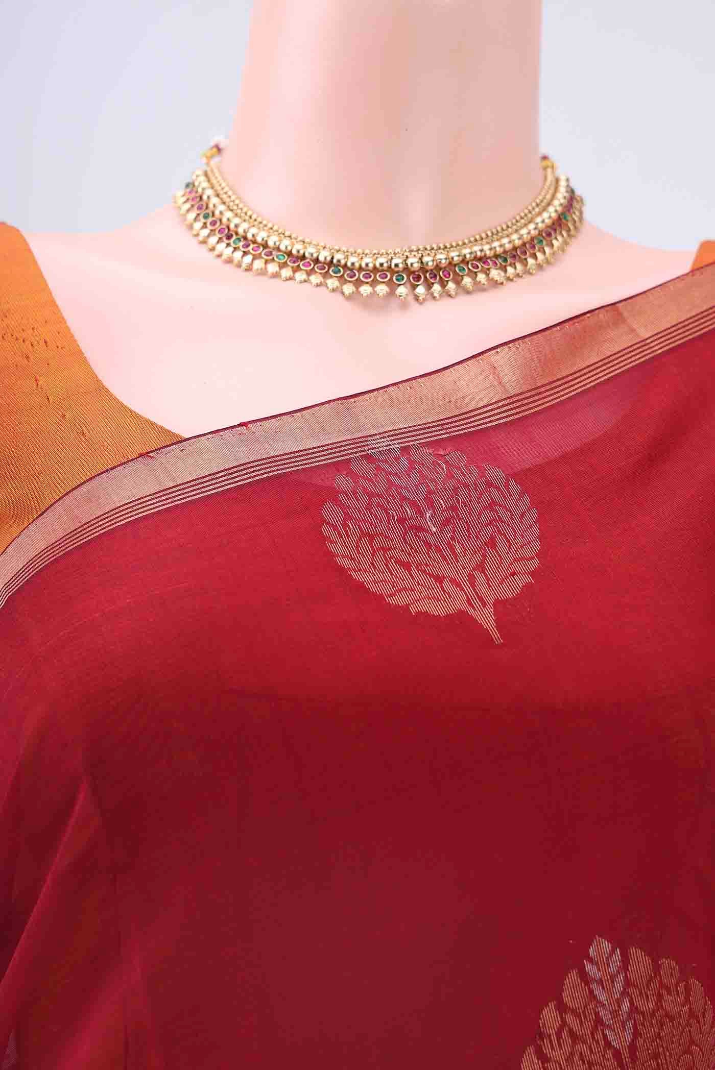 Maroon Kora Cotton Saree - Image 2