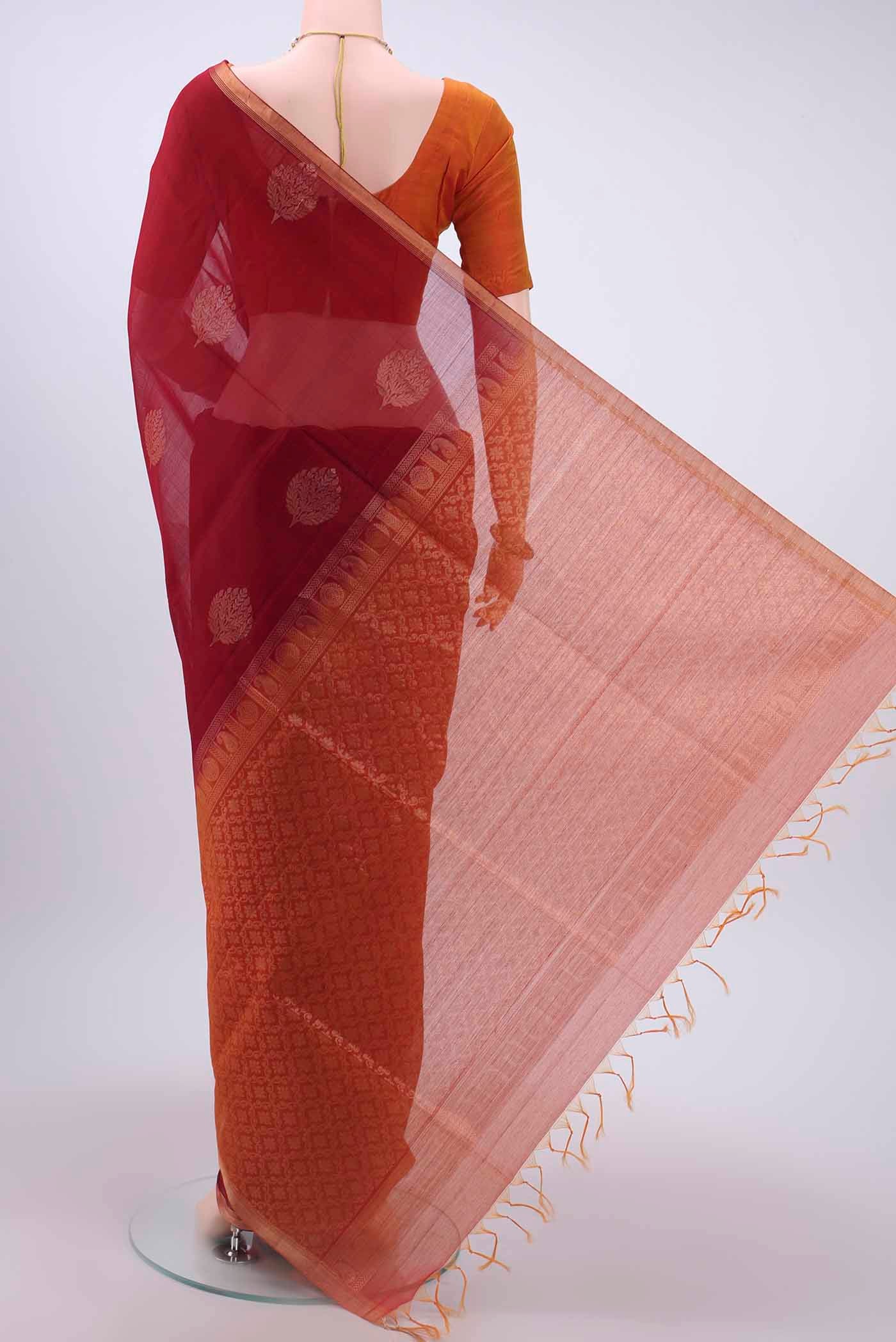 Maroon Kora Cotton Saree - Image 3