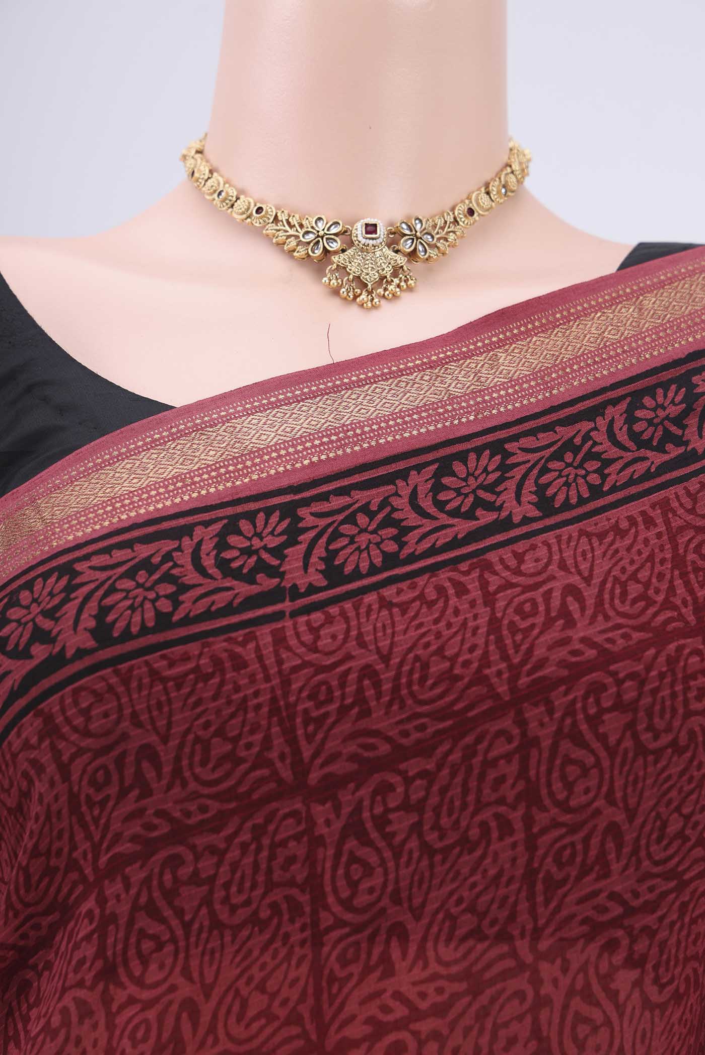 Maroon Maheshwari Silk Cotton Saree - Image 2