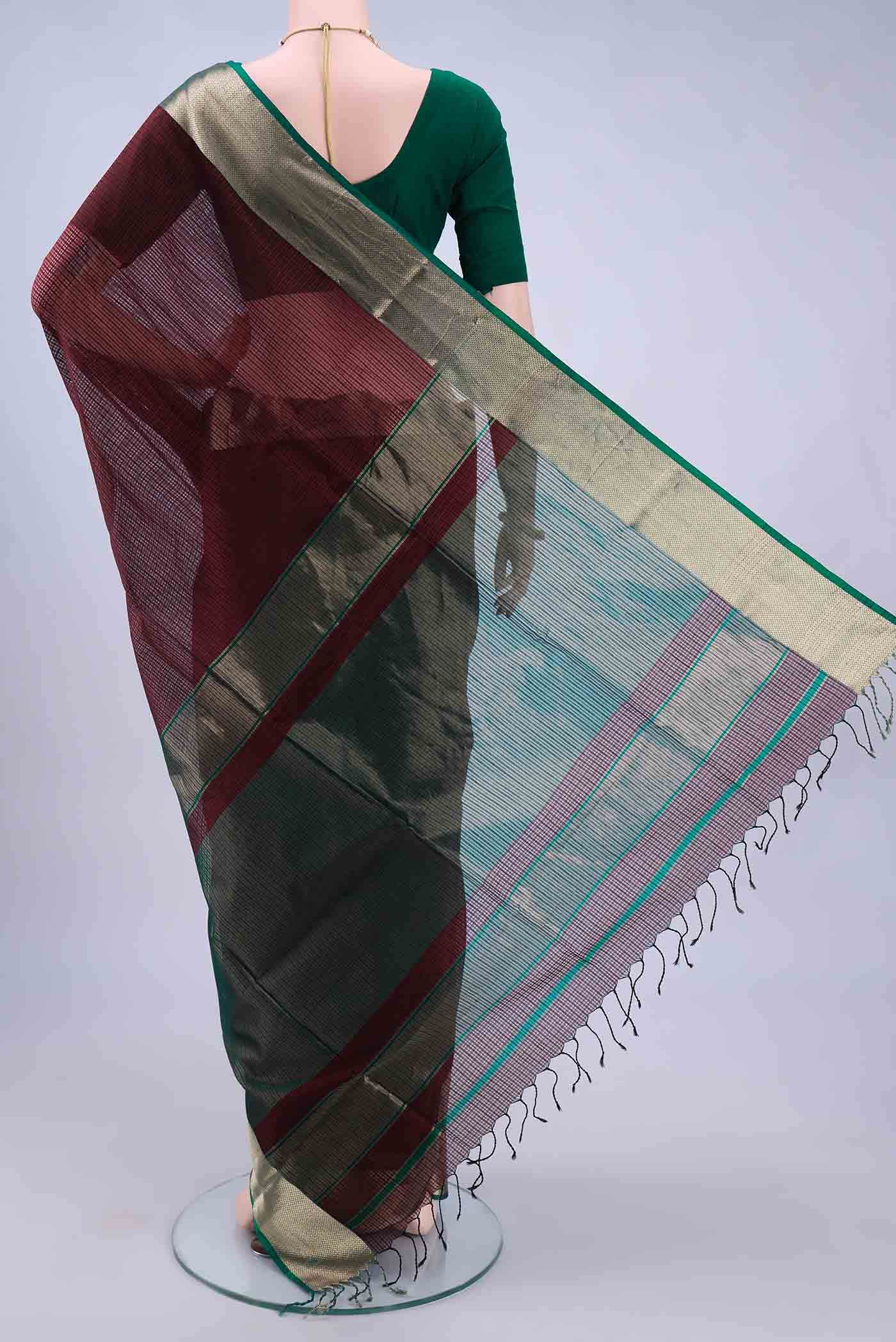 Maroon Maheshwari Silk Cotton Saree - Image 2
