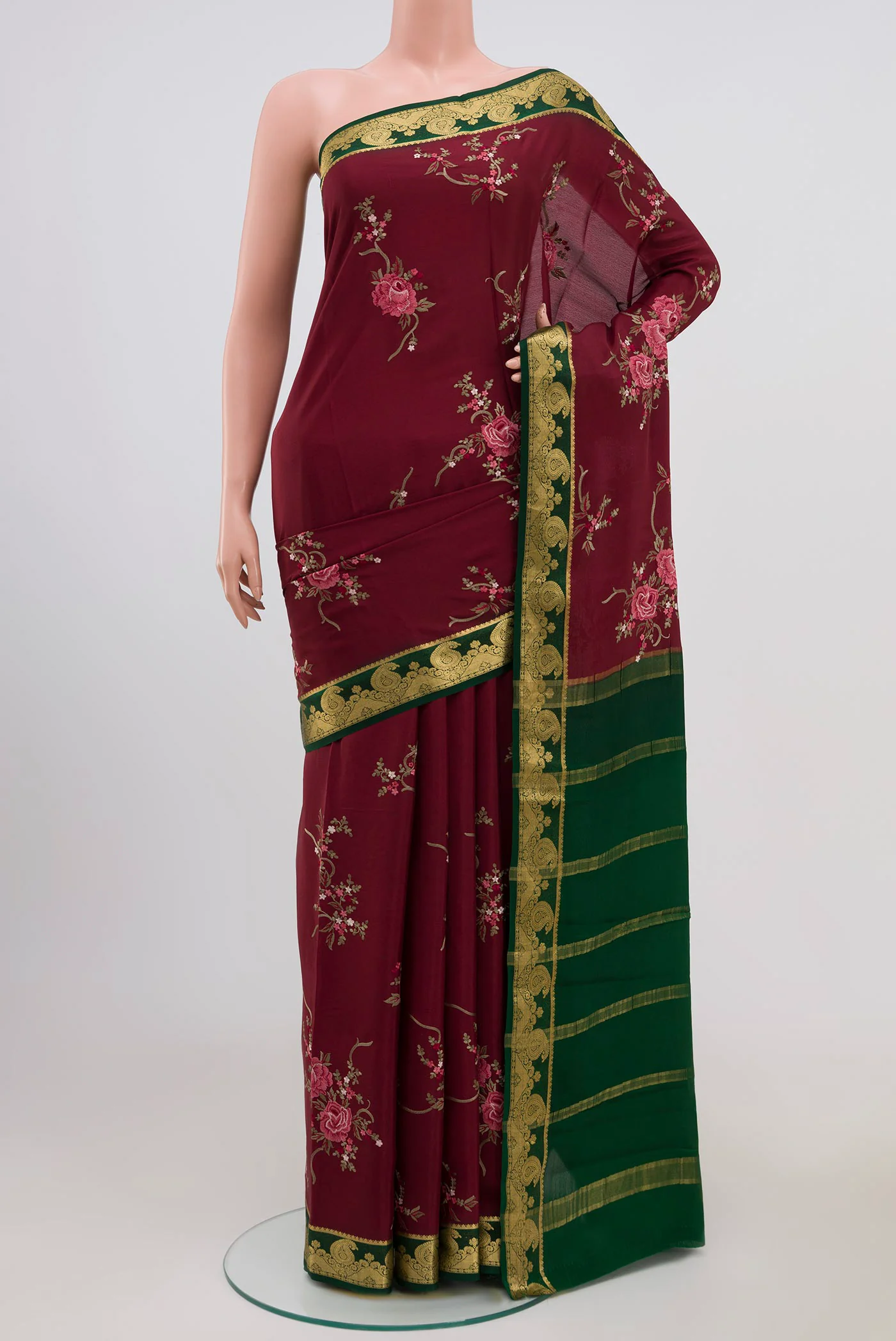 Maroon Mysore Crepe Saree