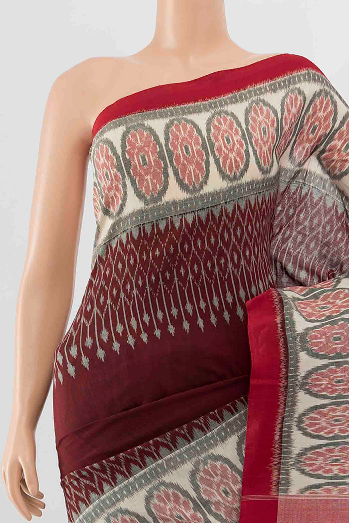 Maroon Pochampally Cotton Saree - Image 2