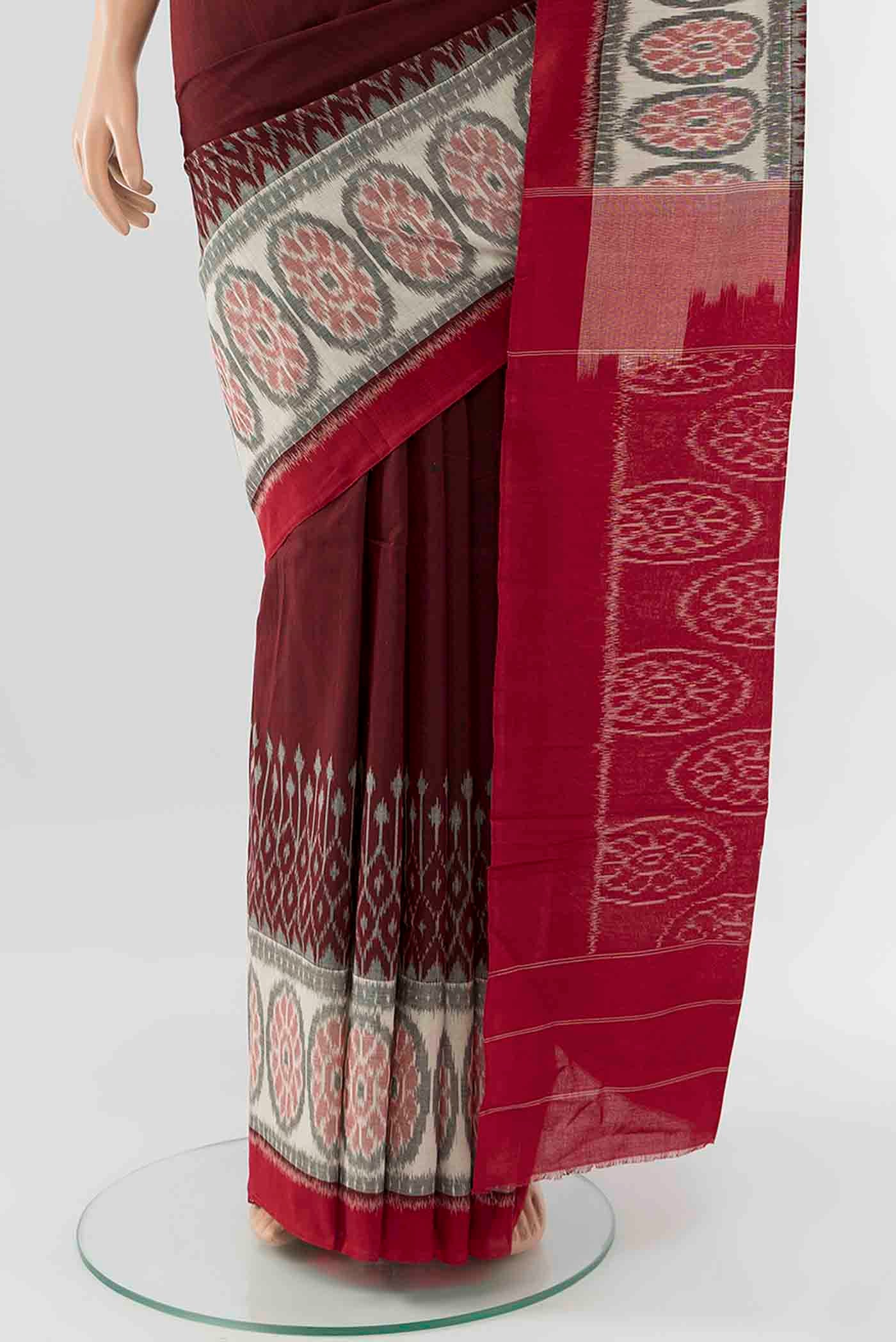 Maroon Pochampally Cotton Saree - Image 3