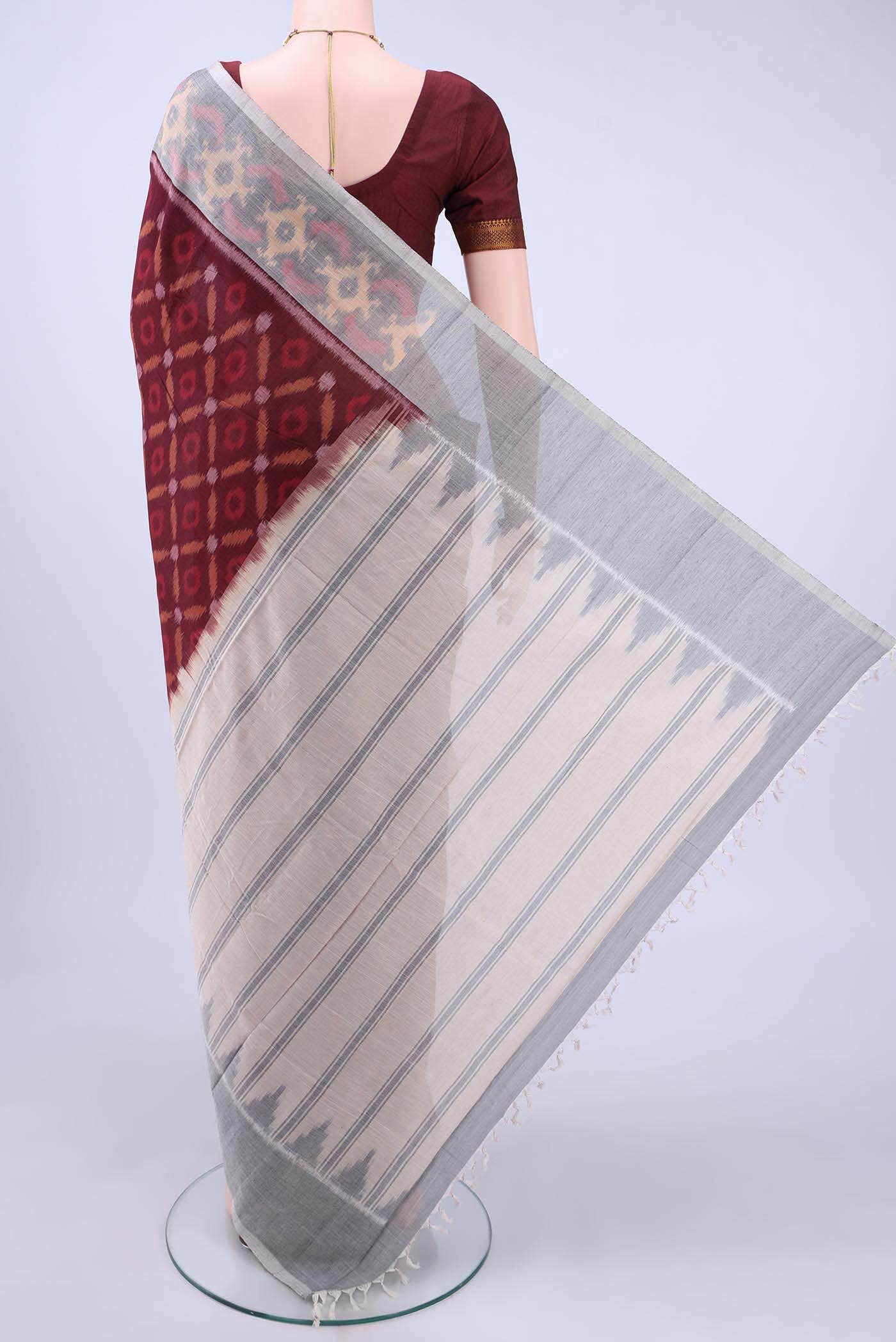 Maroon Pochampally Cotton Saree - Image 2