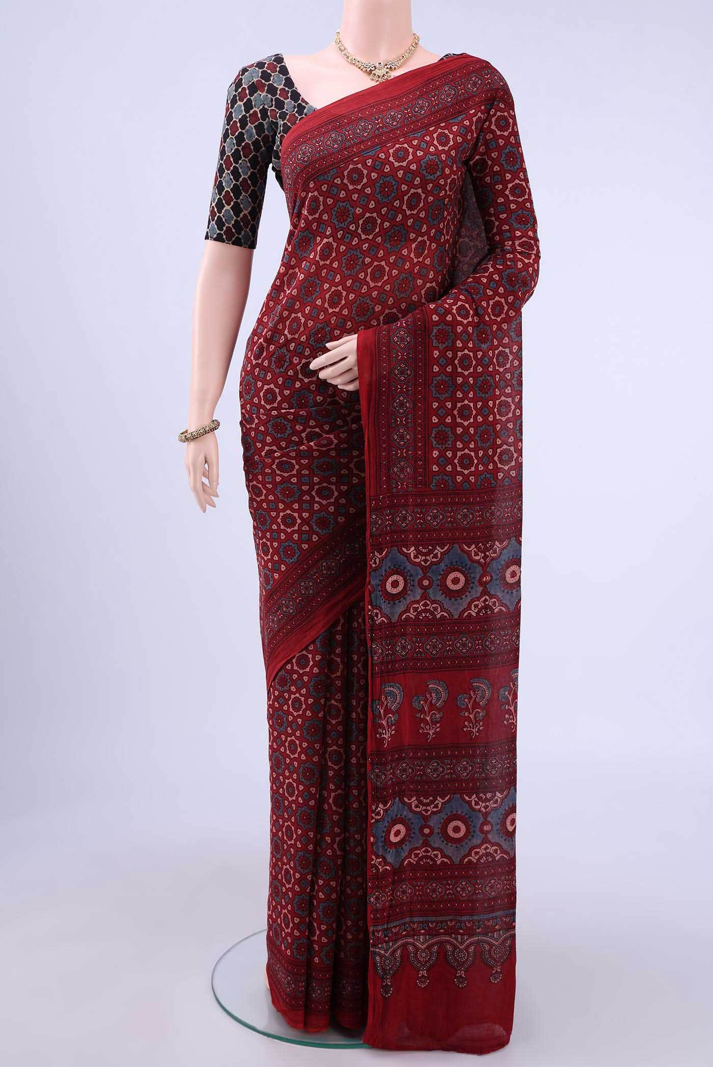 Maroon Printed Cotton Saree