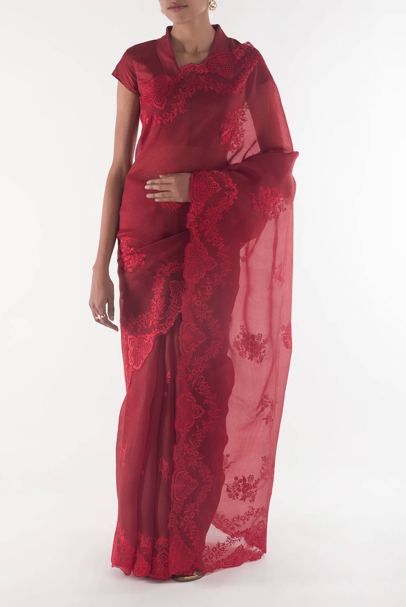 Peonia Maroon floral design saree from Embroidered Romance Collection by Nalli - Image 2