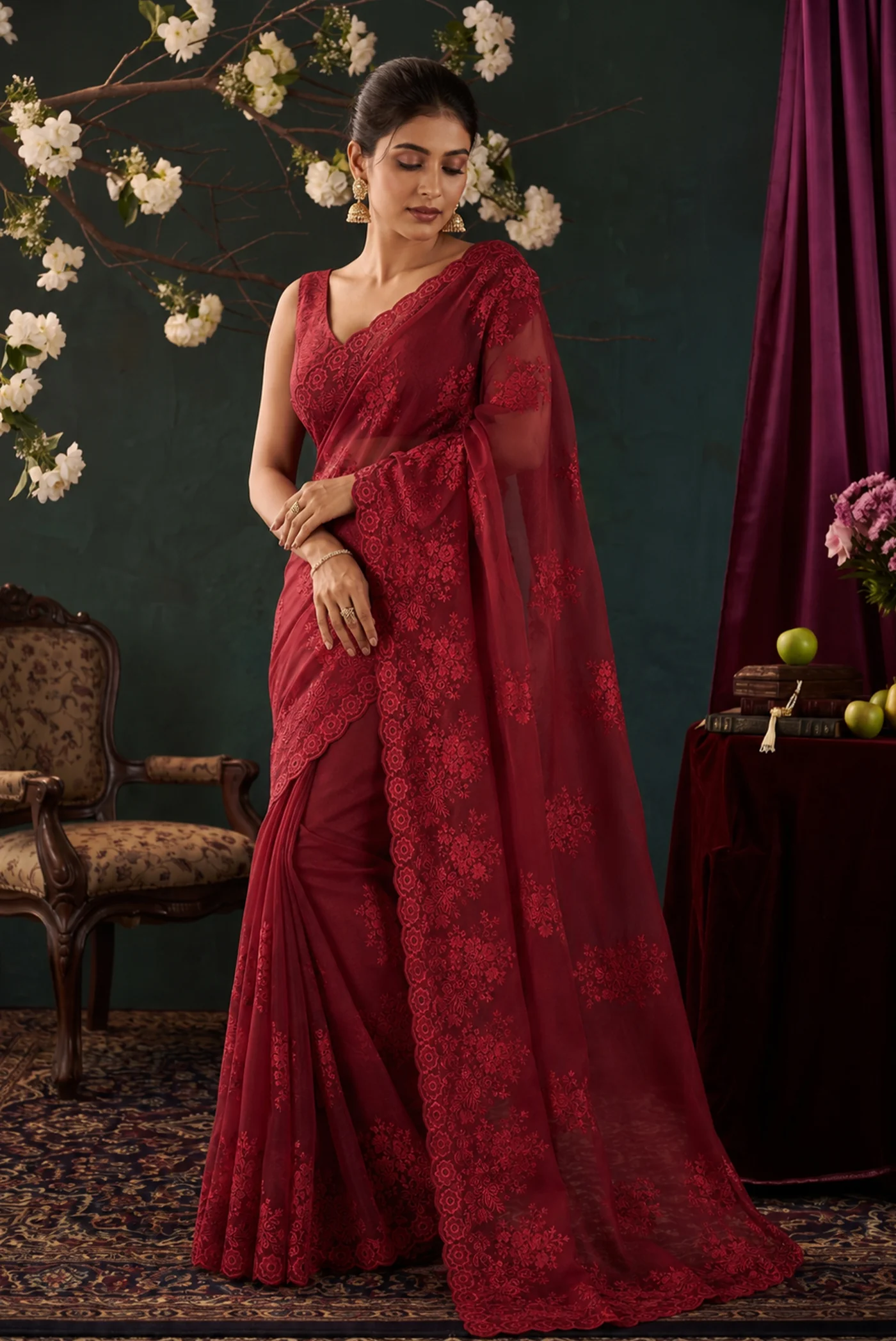 Minerva Maroon floral design saree from Embroidered Romance Collection by Nalli