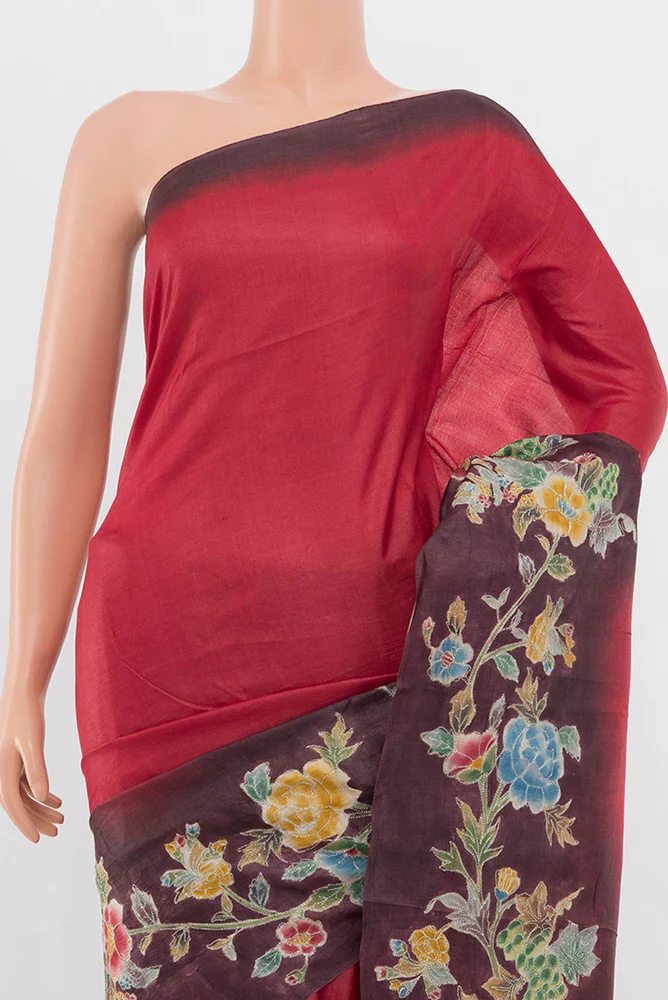 Red Tussar Silk Saree - Image 2