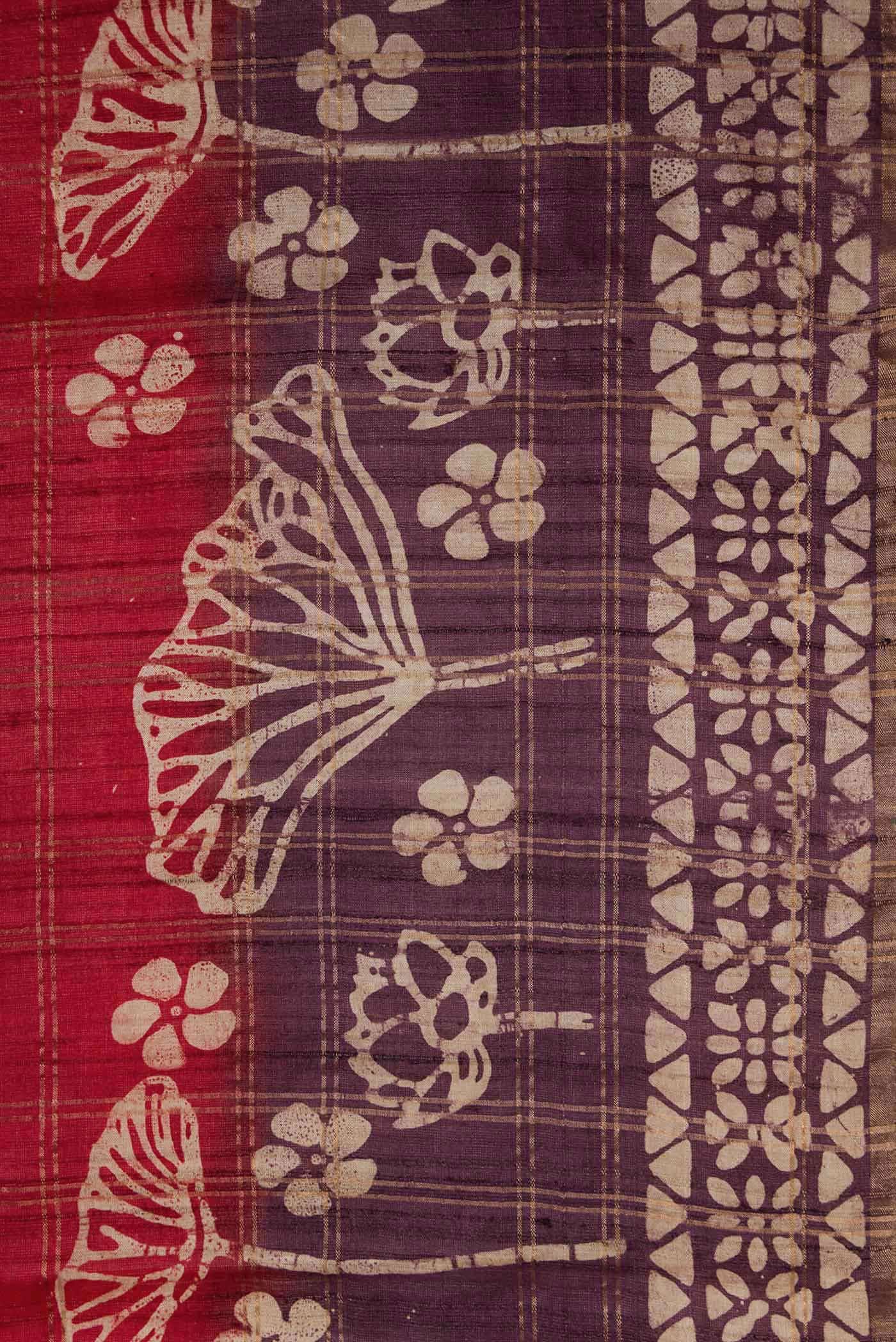 Maroon Tussar Silk Saree - Image 3