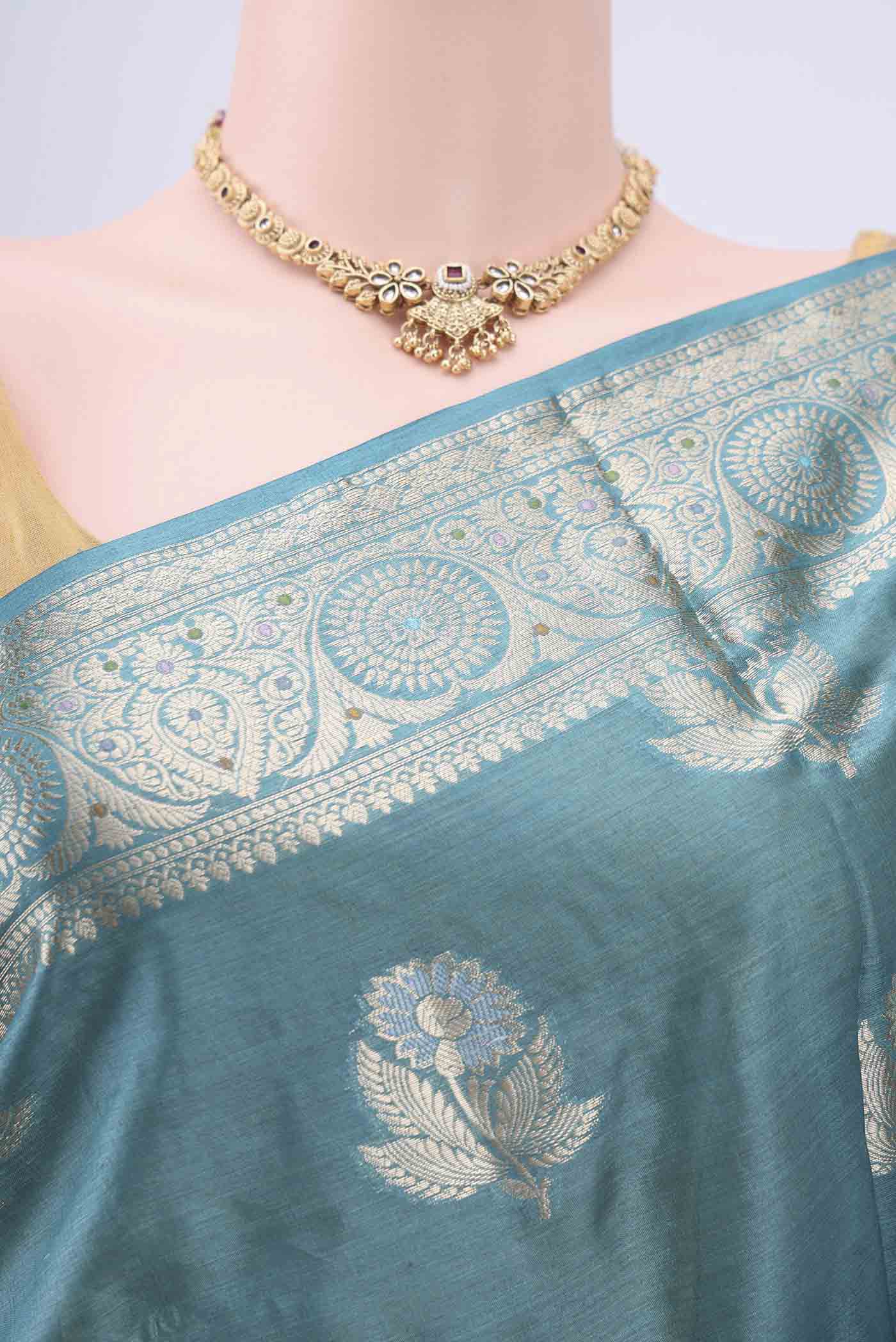 Maya Blue Banarasi Raw Silk Saree - Image 2