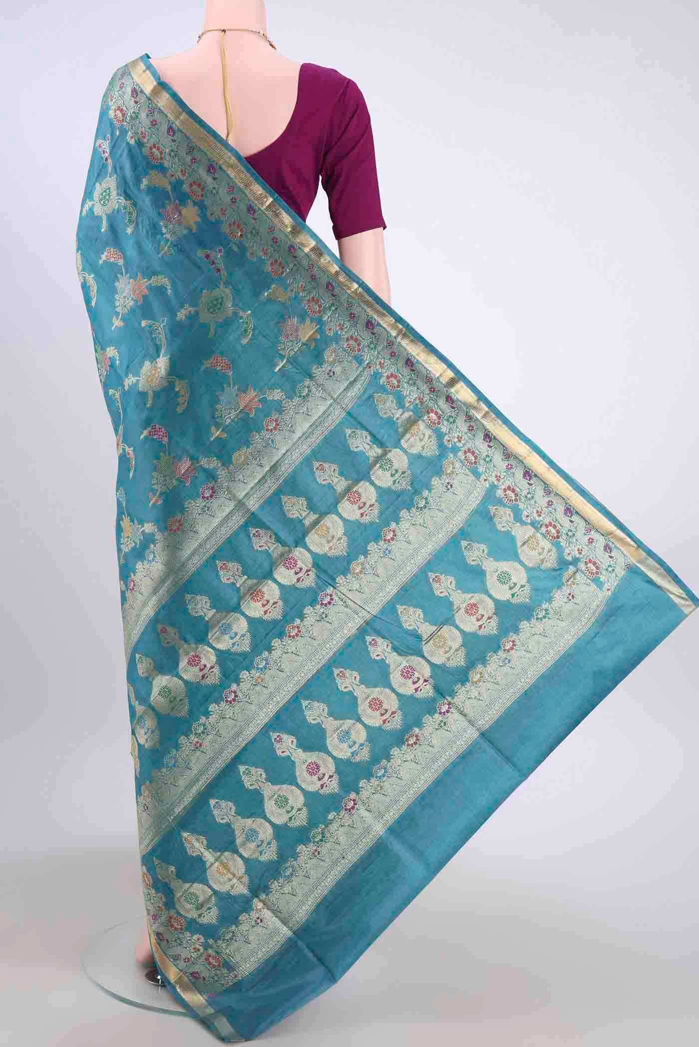 Blue Banarasi Tussar Silk Saree - Image 3