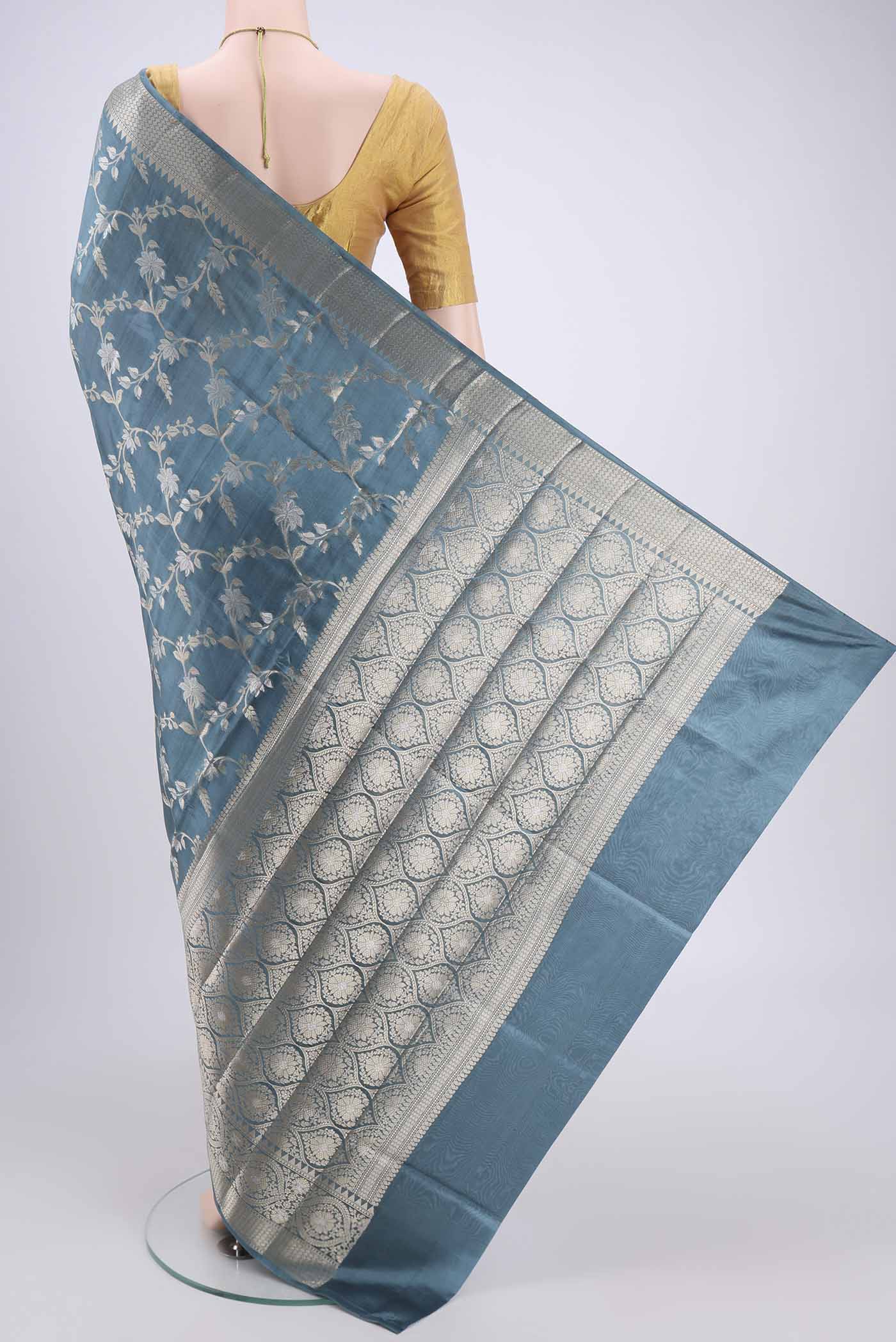 Maya Blue Banarasi Raw Silk Saree - Image 3