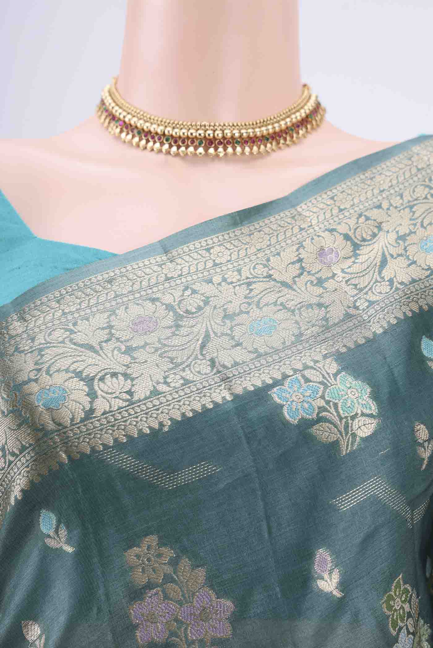 Maya Blue Banarasi Tussar Silk Saree - Image 2