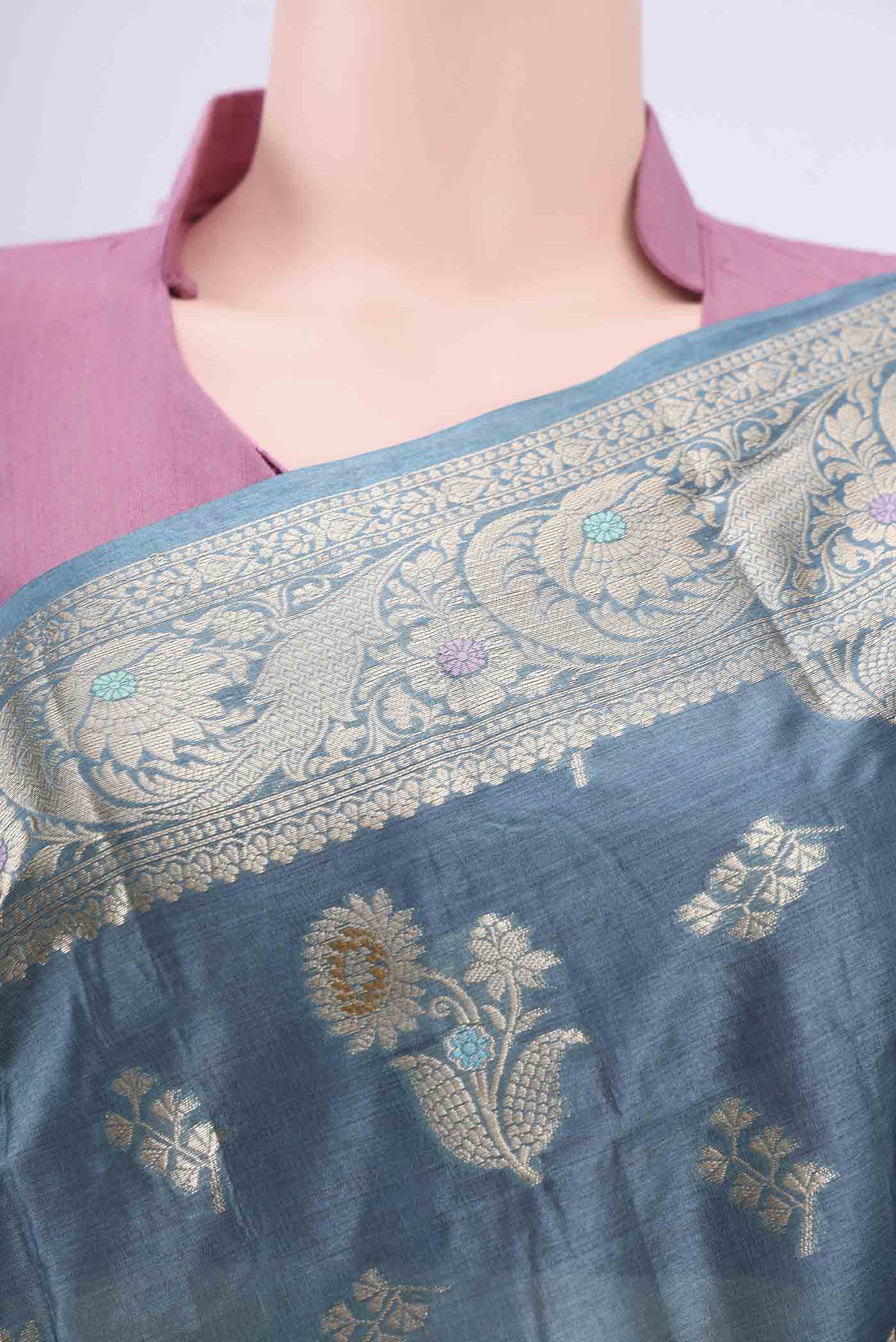 Maya Blue Banarasi Tussar Silk Saree - Image 2