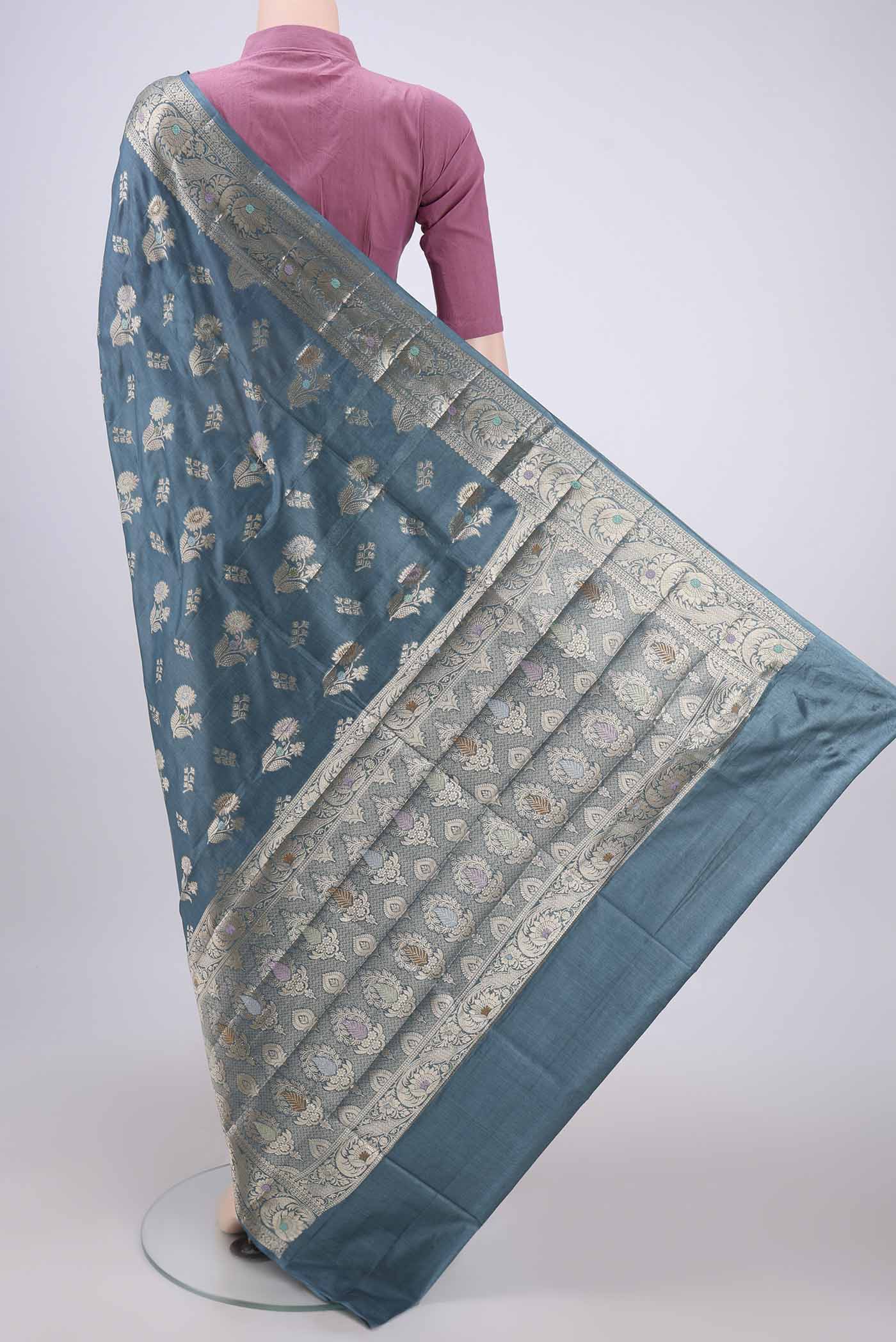 Maya Blue Banarasi Tussar Silk Saree - Image 3