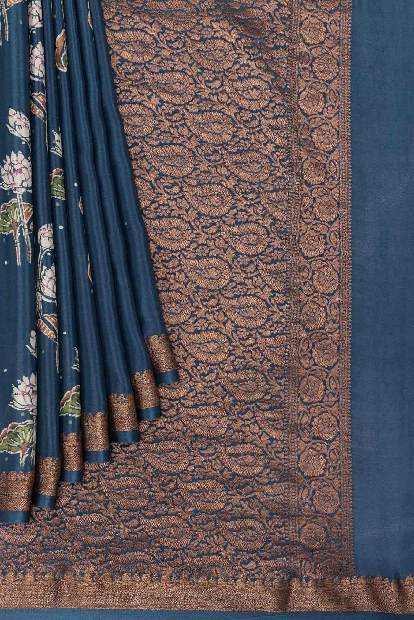 Maya Blue Satin Crepe Saree - Image 2