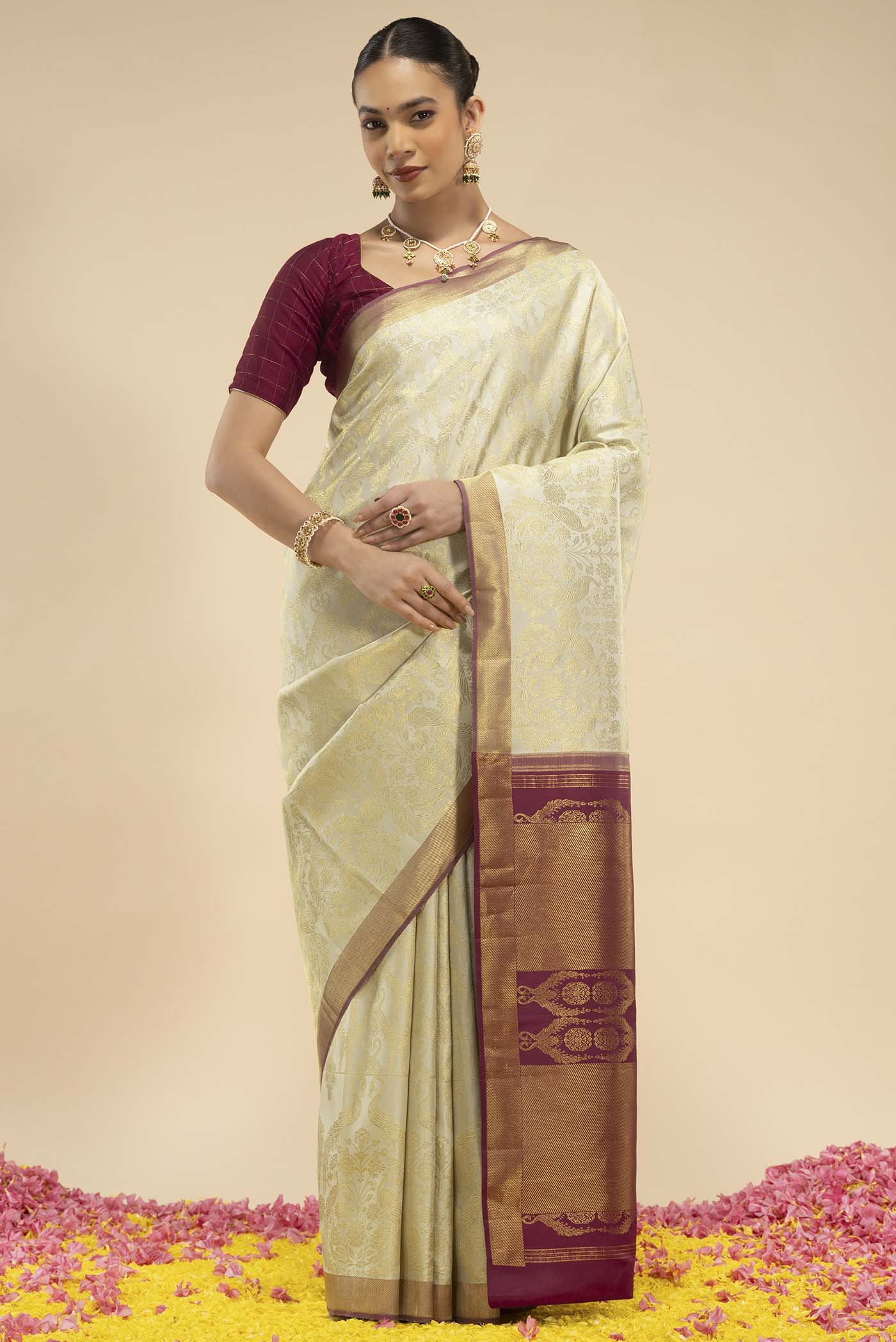Mayilkan-Cream Kanchipuram Silk Saree