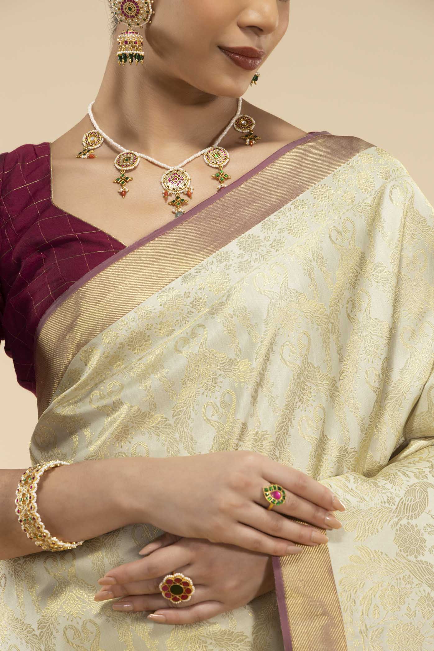 Mayilkan-Cream Kanchipuram Silk Saree - Image 4