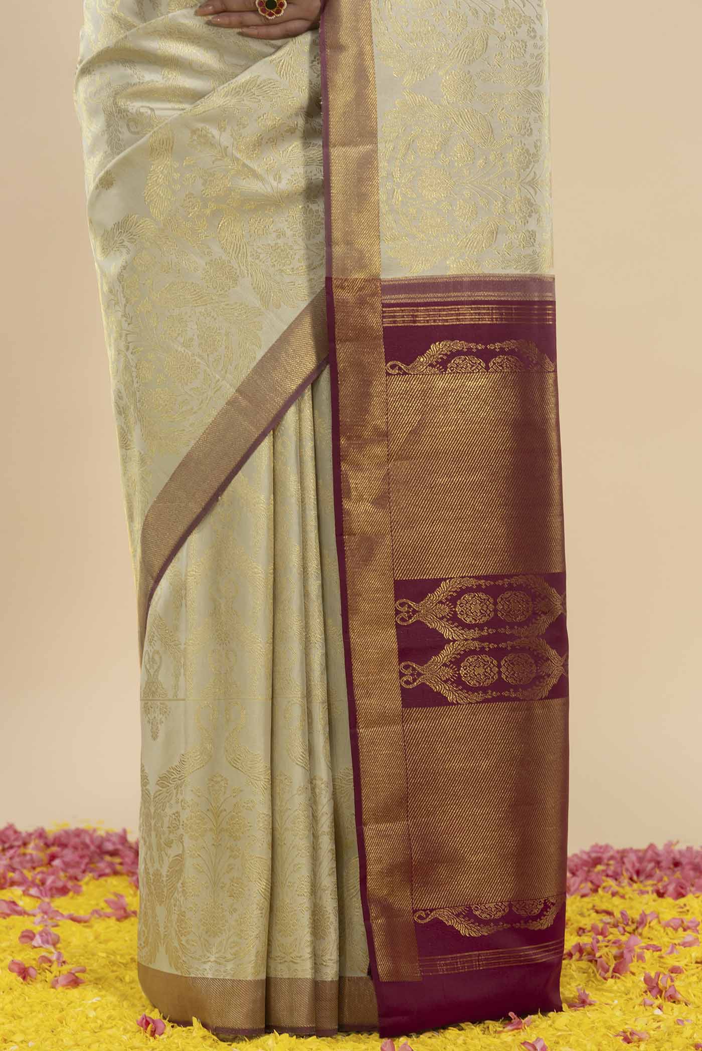 Mayilkan-Cream Kanchipuram Silk Saree - Image 6