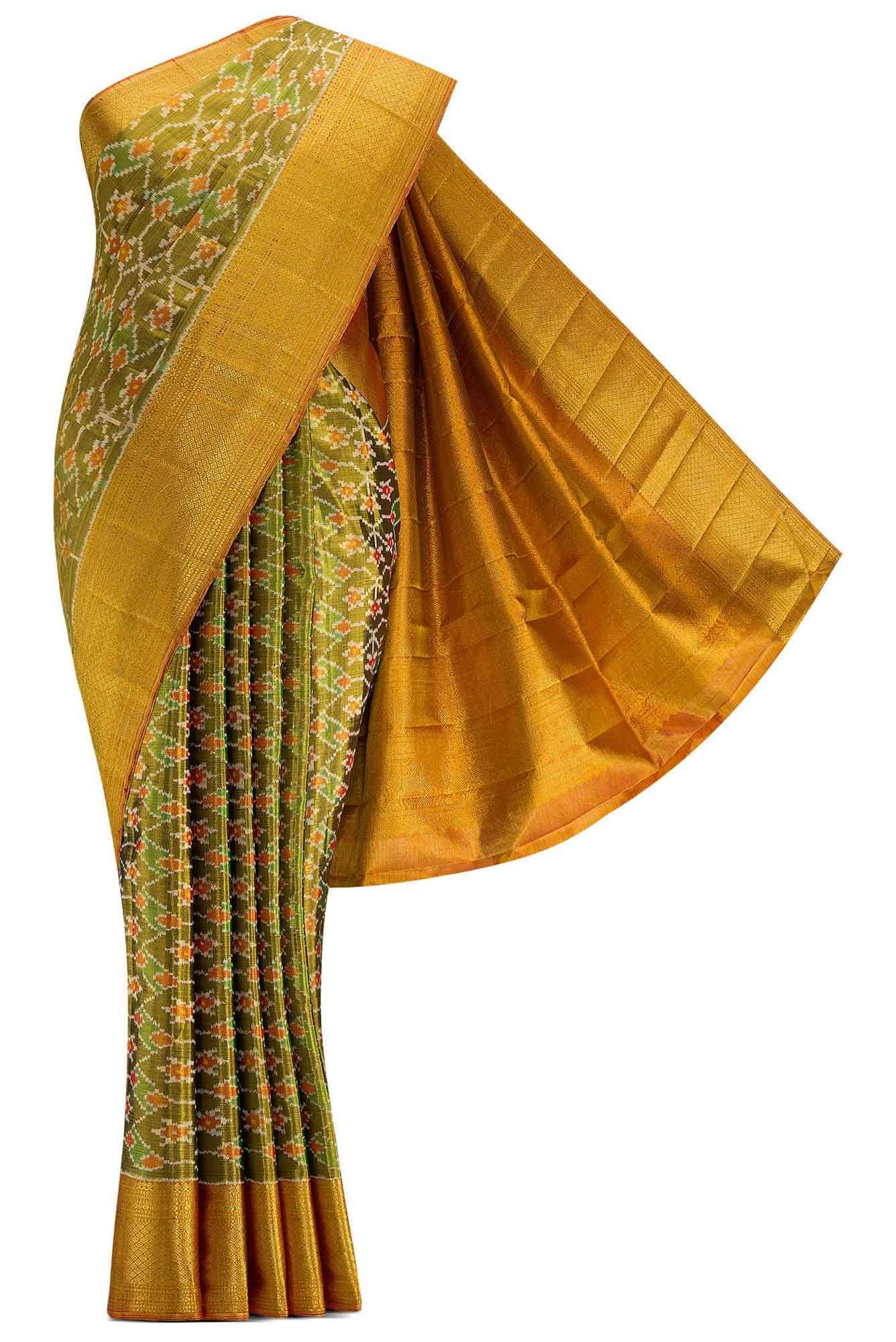 Mehandi Green and Red Dual Tone Kanjivaram Tissue Silk Saree