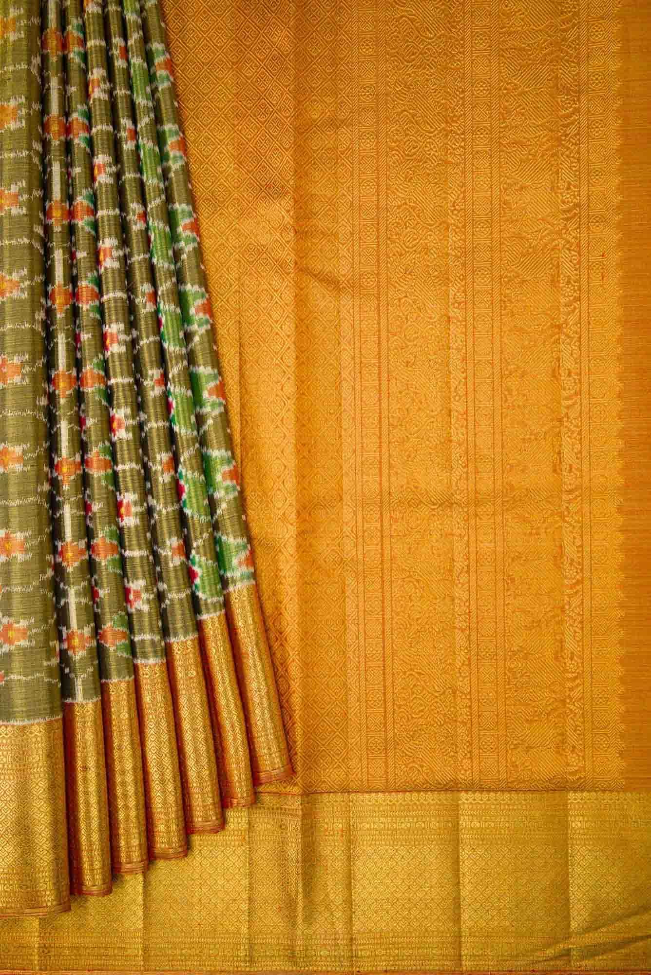 Mehandi Green and Red Dual Tone Kanjivaram Tissue Silk Saree - Image 2