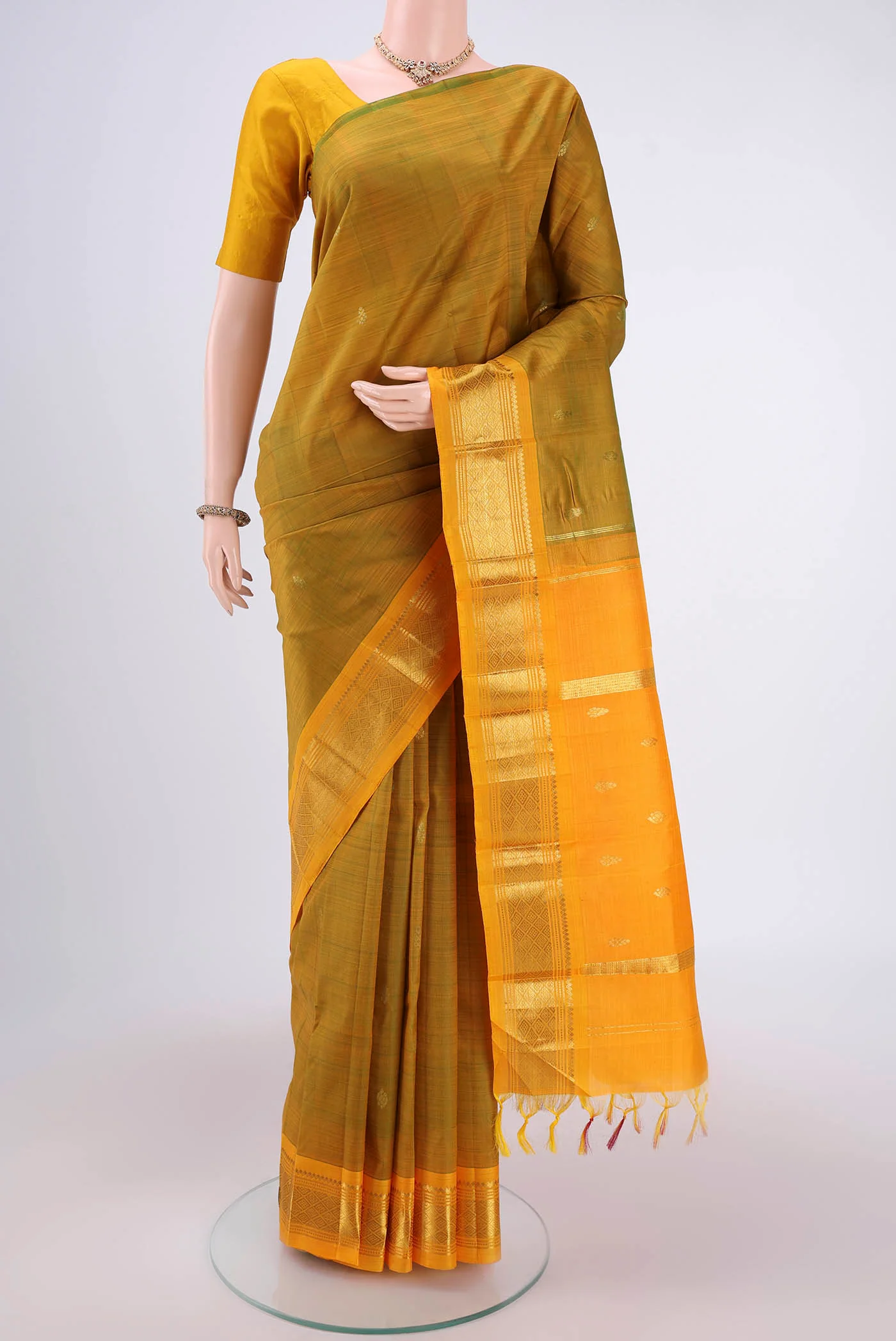 Green with Orange Color Kanjivaram Silk Saree