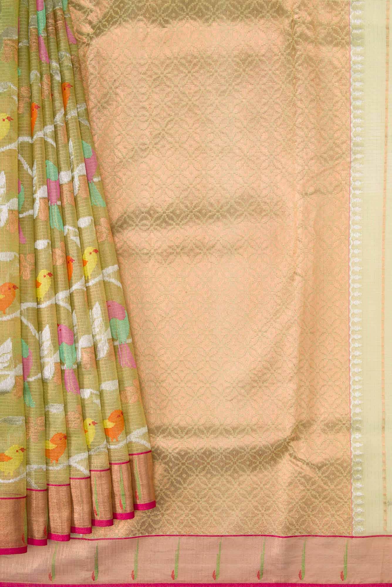 Pure Silk Pure Zari Mehandi Green Dual Tone Kota Saree - Image 2