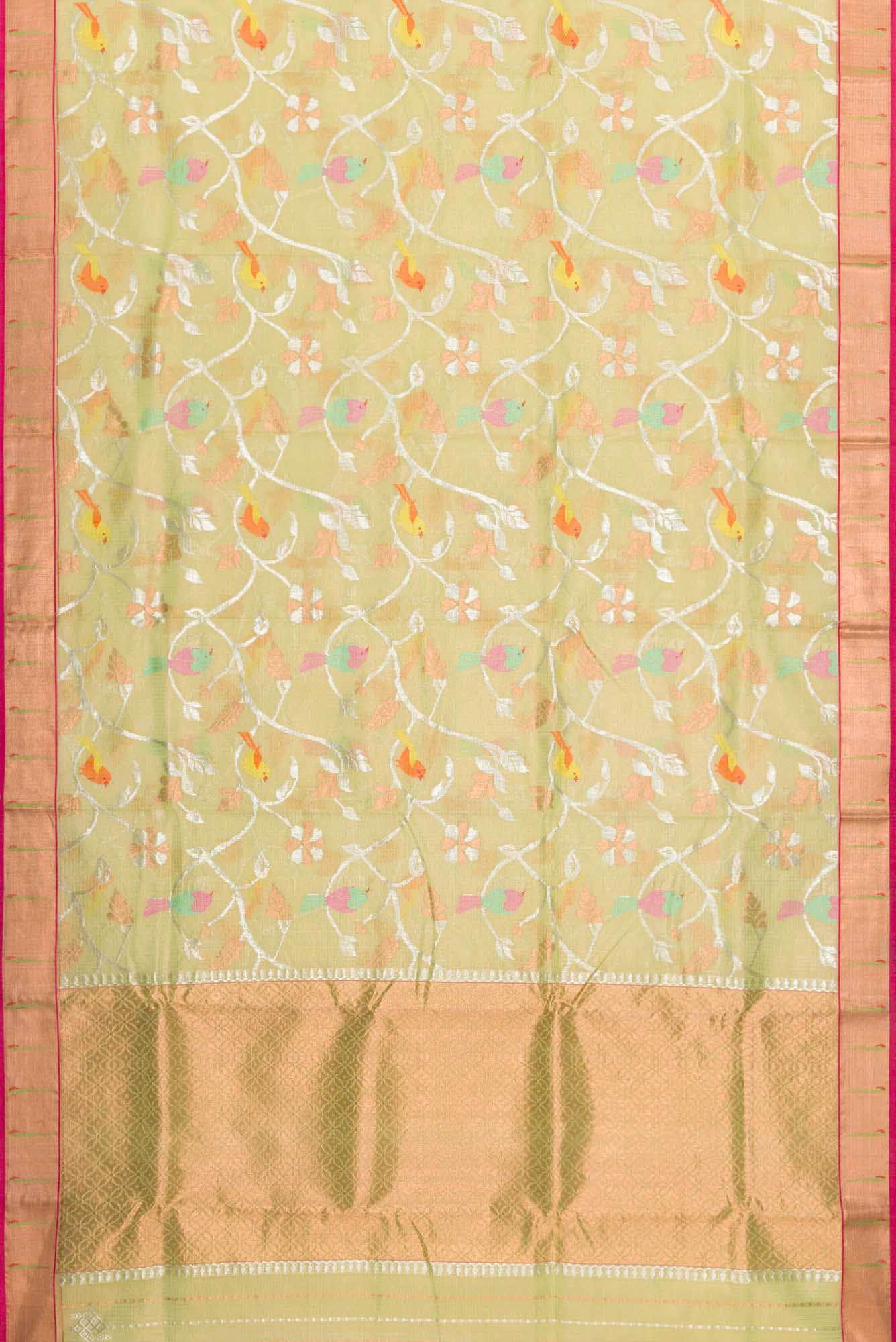 Pure Silk Pure Zari Mehandi Green Dual Tone Kota Saree - Image 4