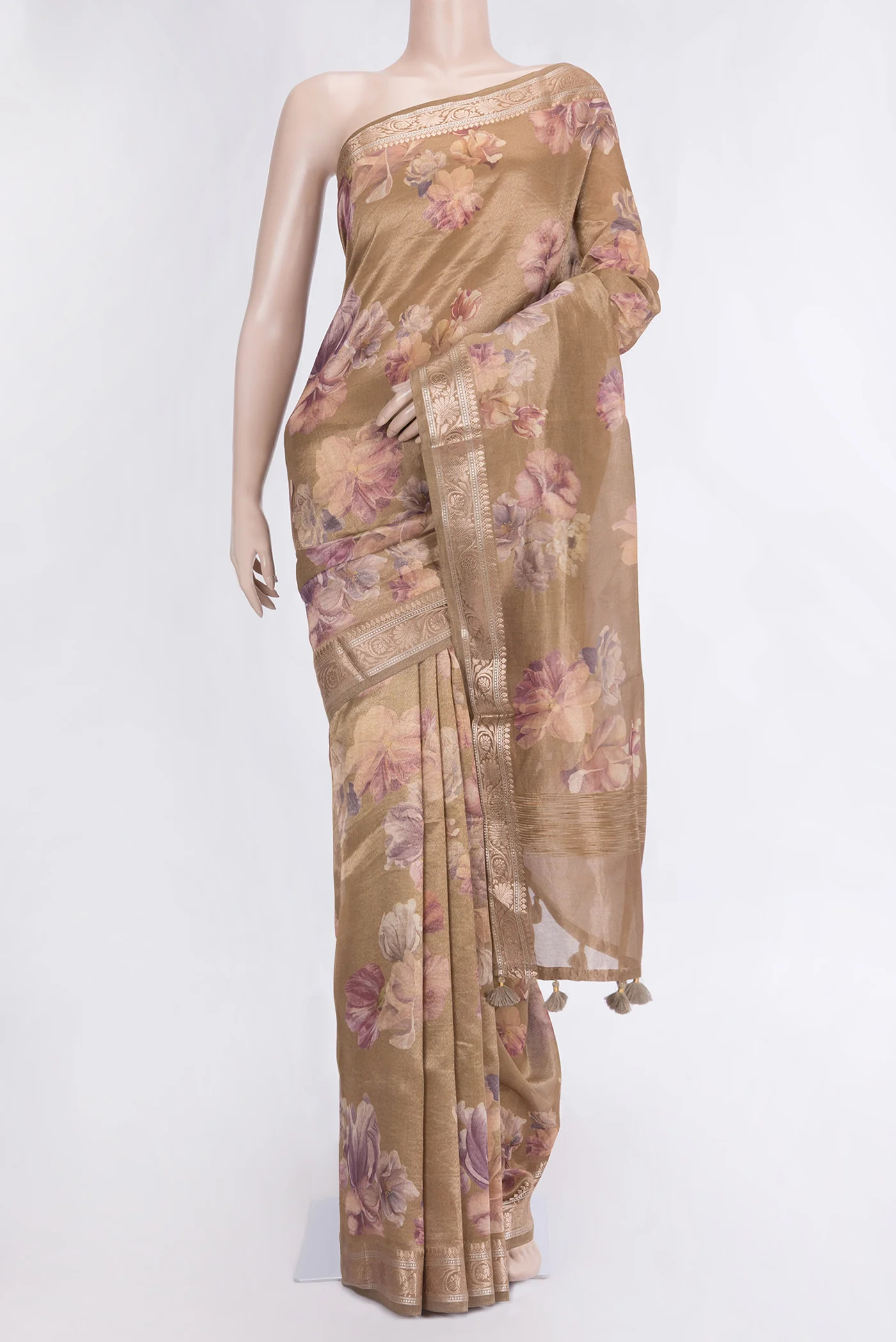 Dark Beige with Gold Color Organza Silk Saree