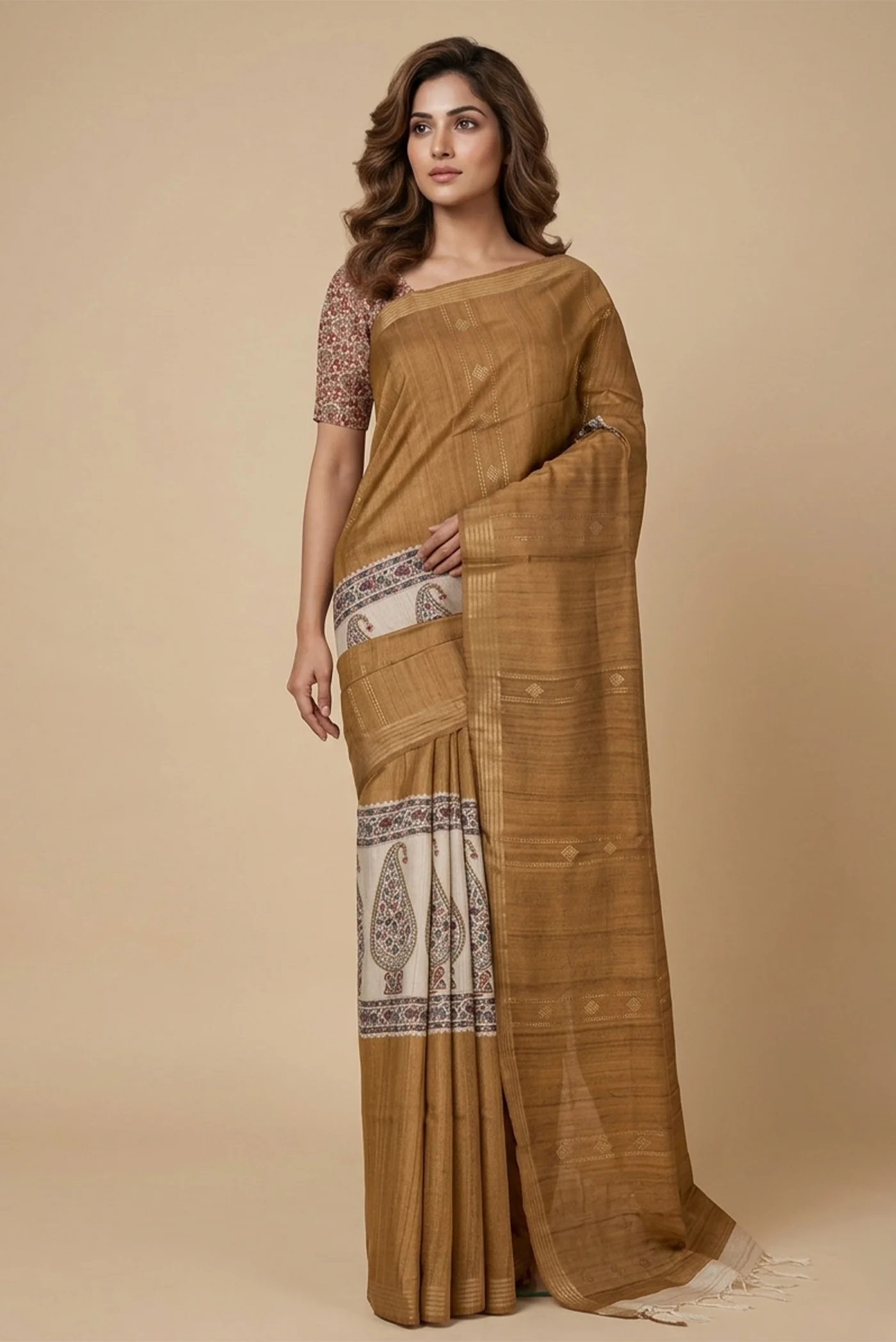 Brown Tussar Silk Saree