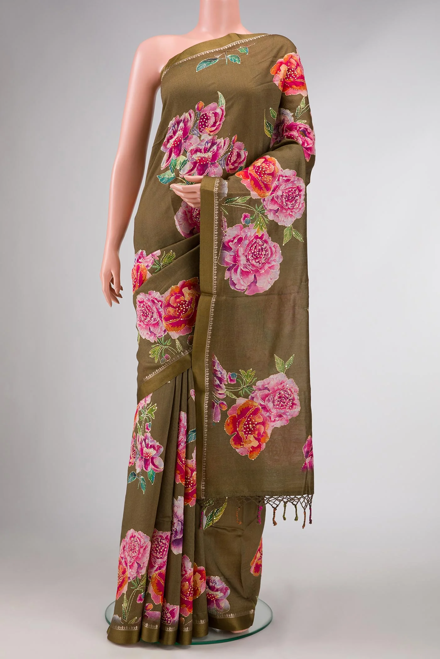 Mehandi Green Dual Tone Tussar Silk Saree