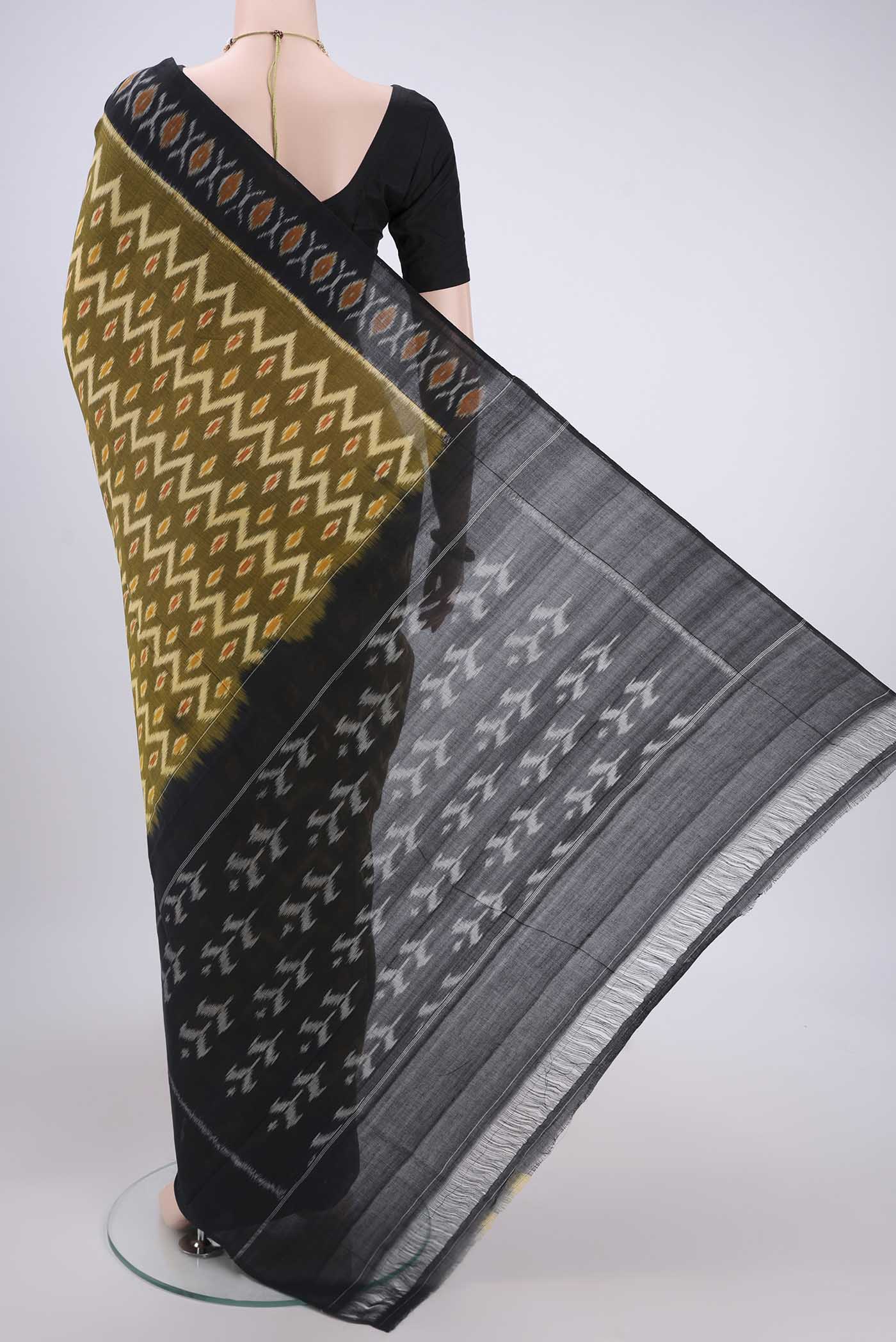 Mehandi Green Pochampally Cotton Saree - Image 3