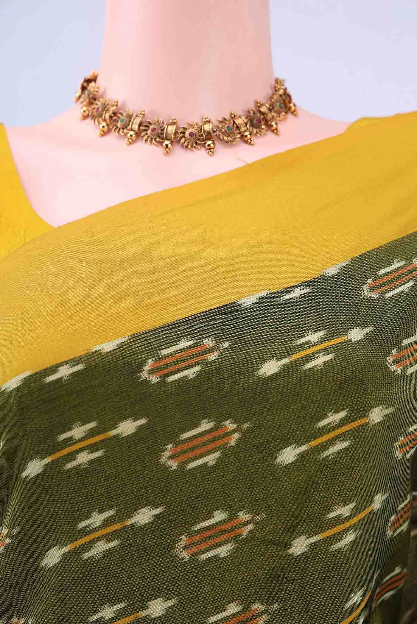 Mehandi Green Pochampally Cotton Saree - Image 3