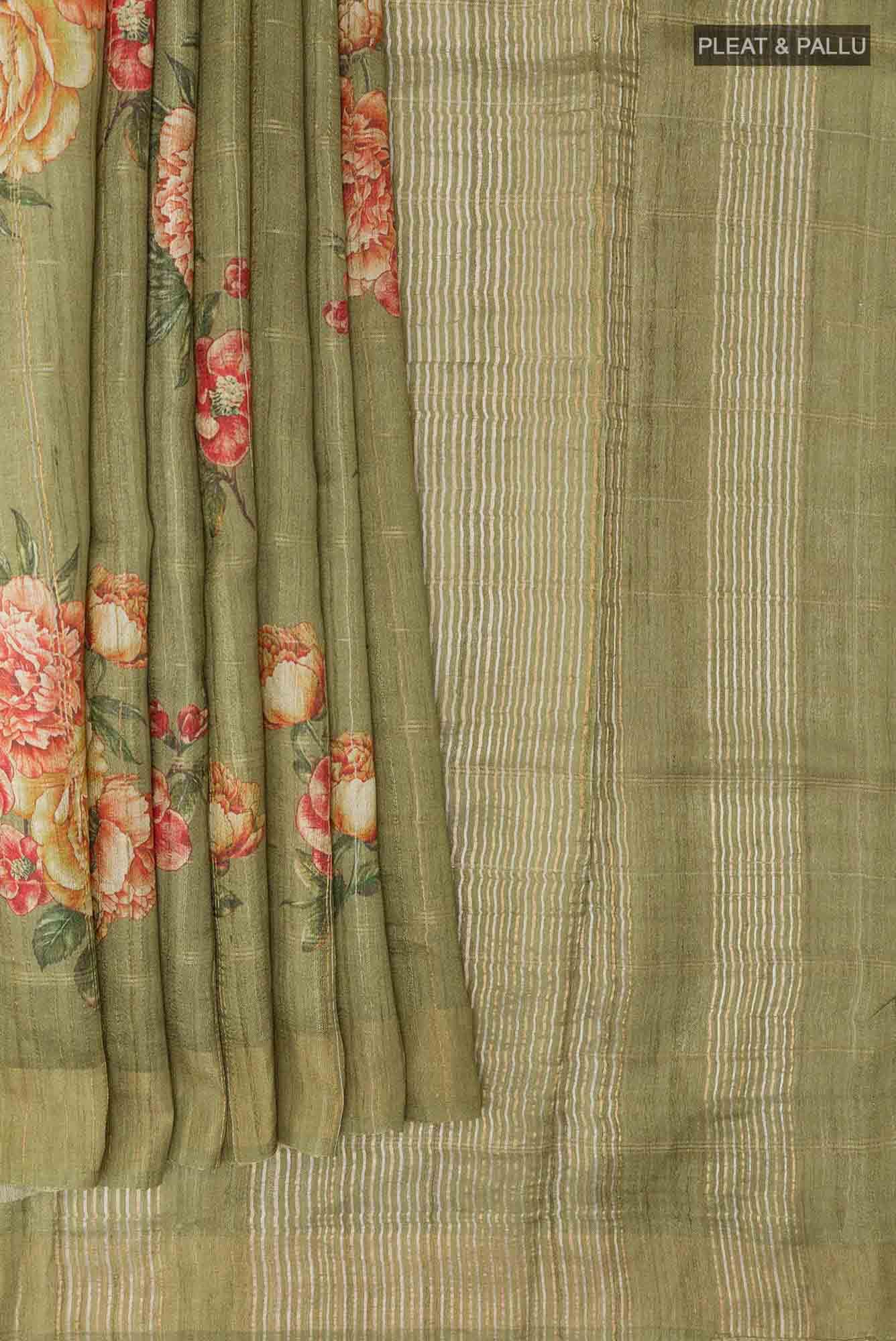 Mehandi Green Tussar Saree - Image 2