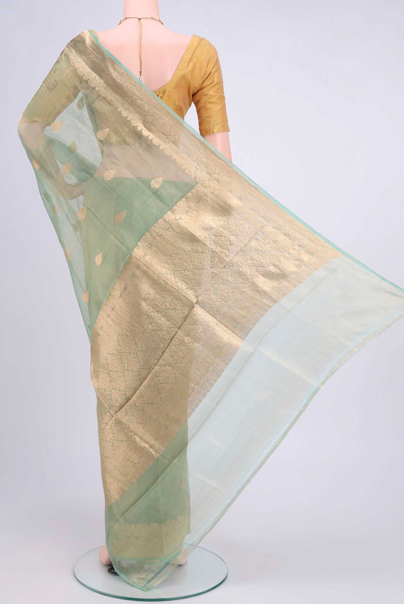 Turquoise Organza Silk Saree - Image 3