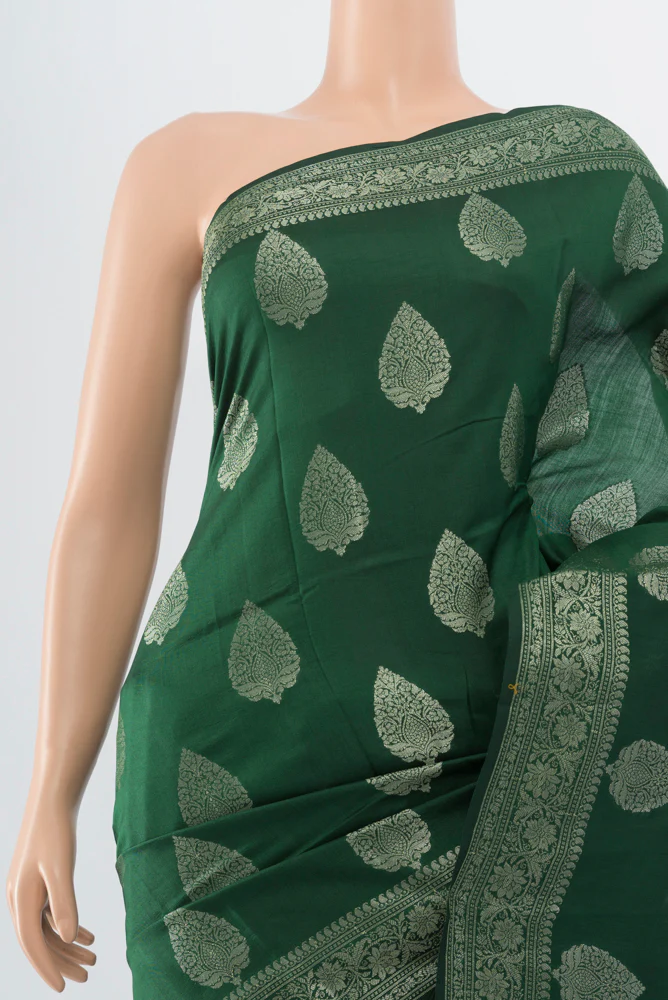 Bottle Green Banarasi Raw Silk Saree - Image 2