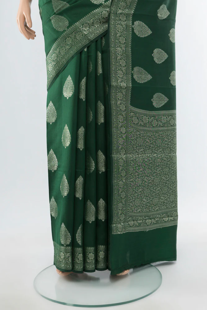 Bottle Green Banarasi Raw Silk Saree - Image 3