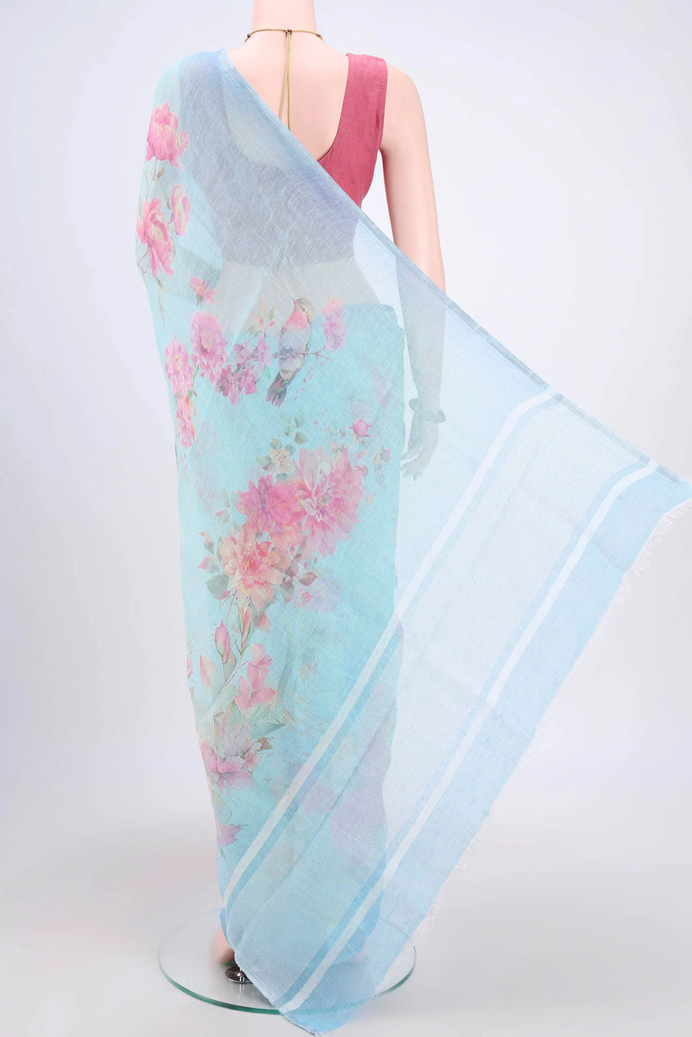 Light Blue Linen Saree - Image 3