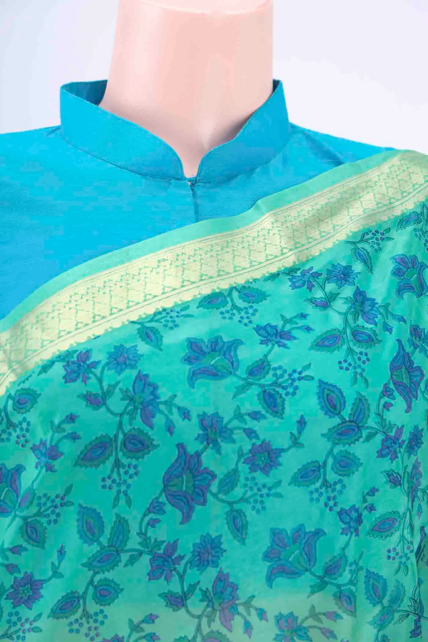 Mint Green Printed Silk Saree - Image 2