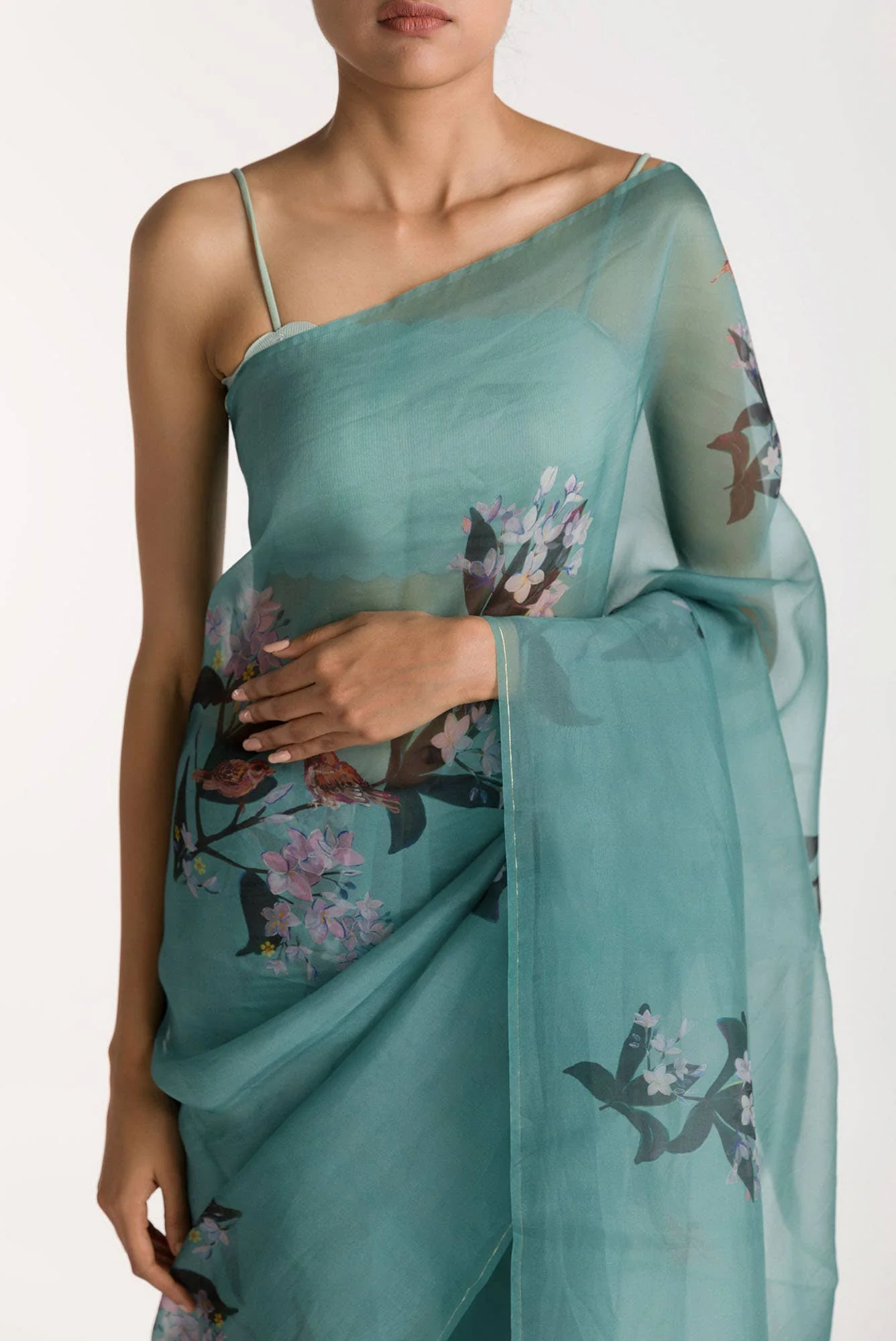 The Sparrows Teal Green Pure Organza Silk Saree - Image 2