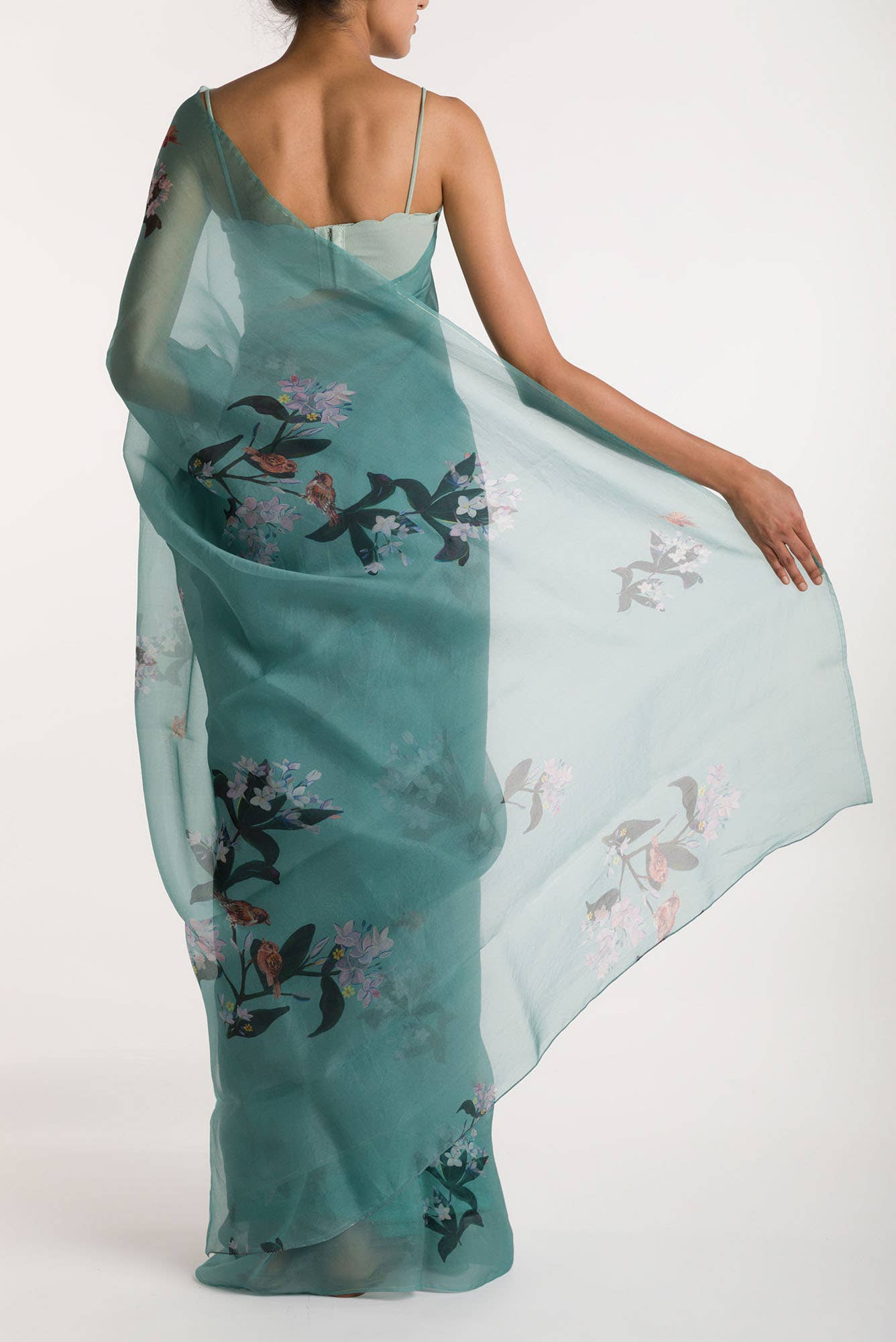 The Sparrows Teal Green Pure Organza Silk Saree - Image 3