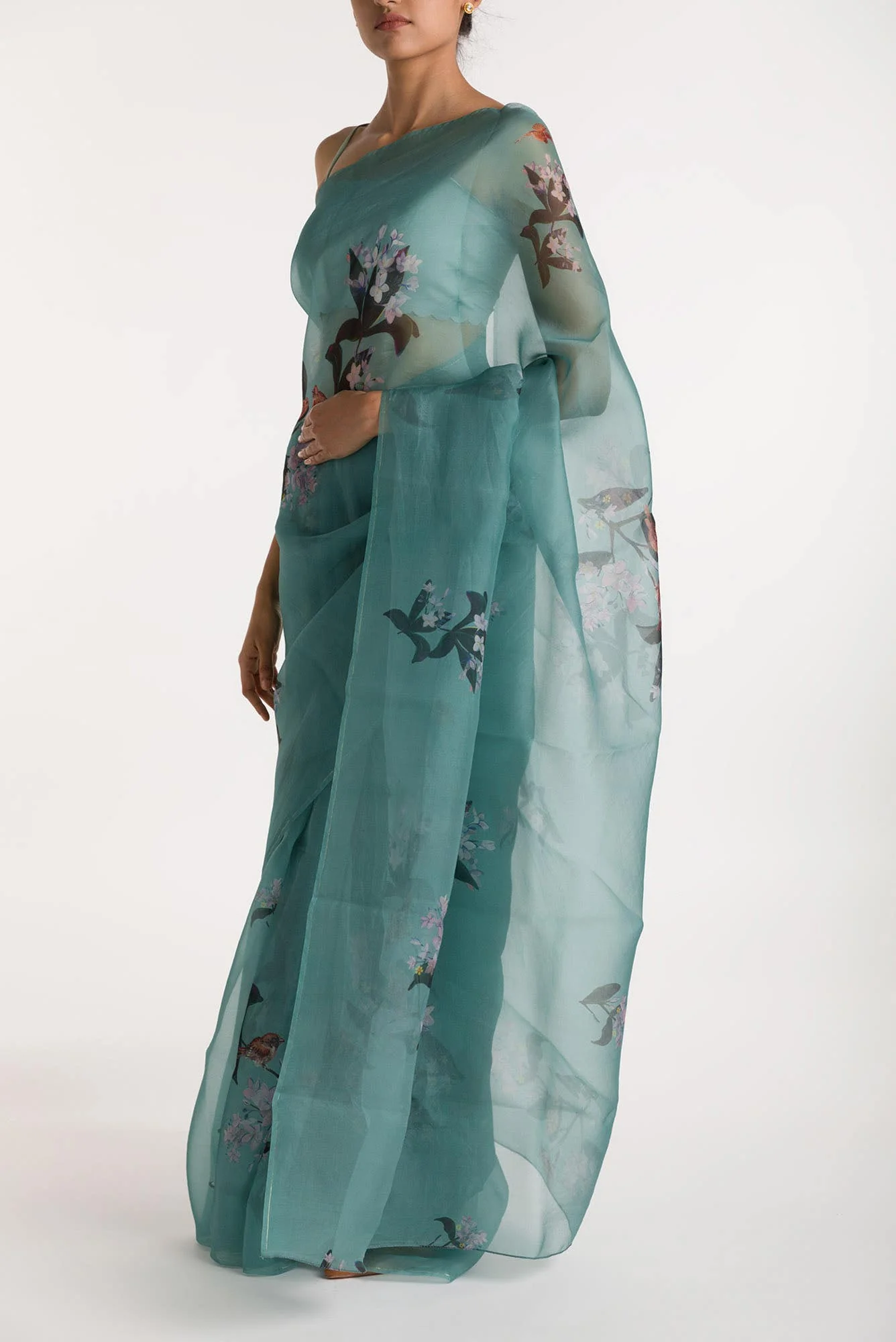 The Sparrows Teal Green Pure Organza Silk Saree - Image 4