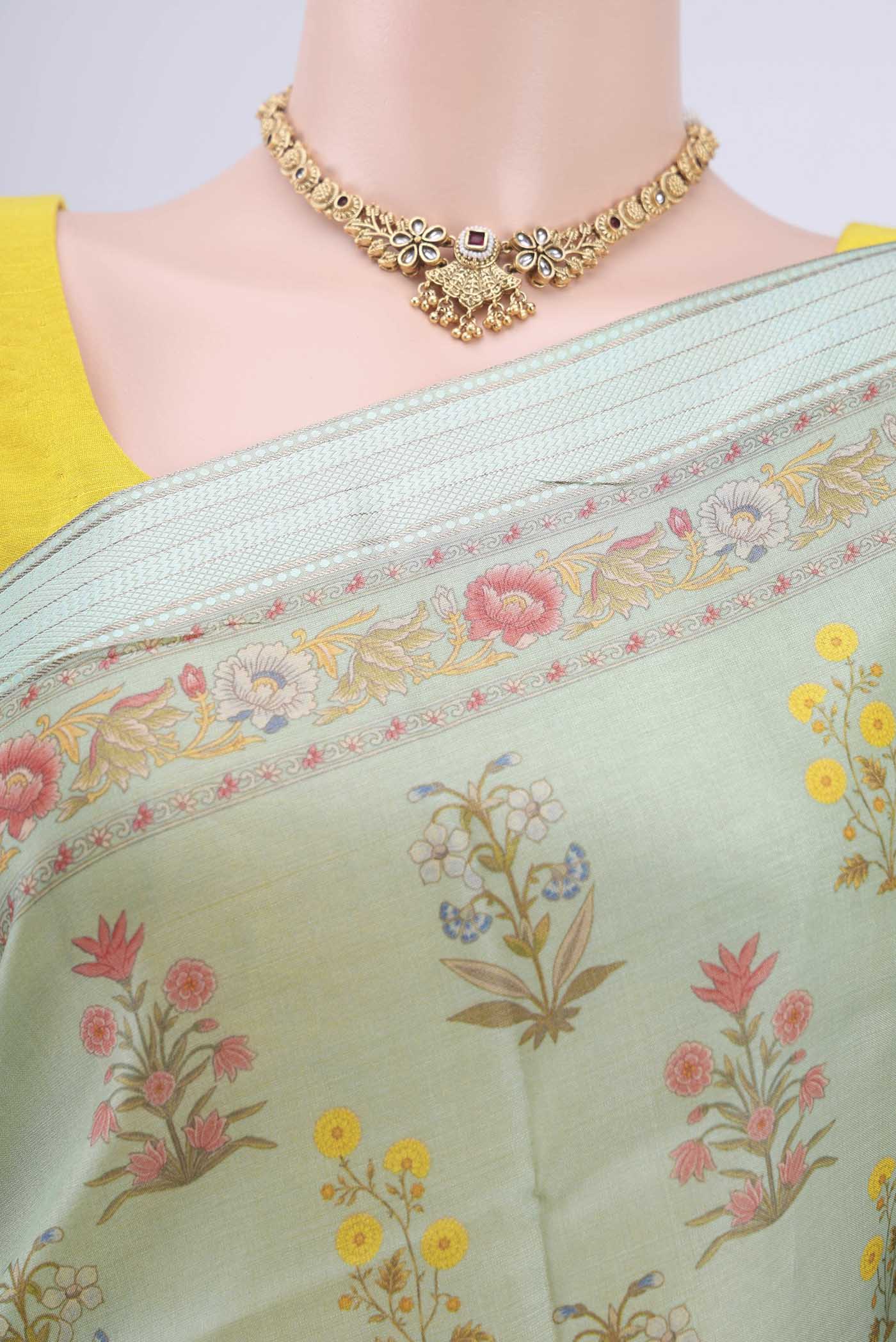 Mint Green Tussar Silk Saree - Image 2
