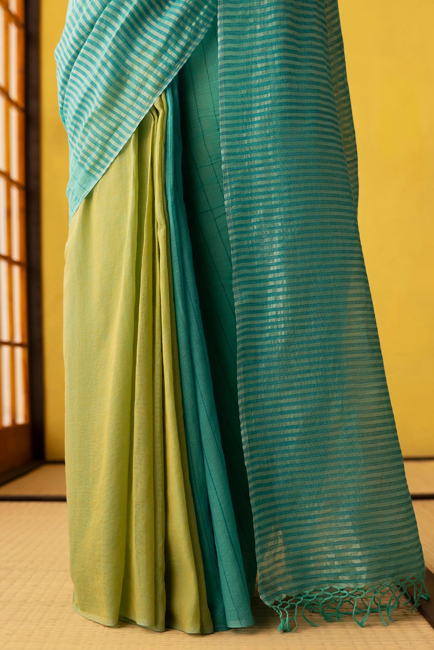 Mogra-Blue with Green Half and Half Cotton Saree - Image 5